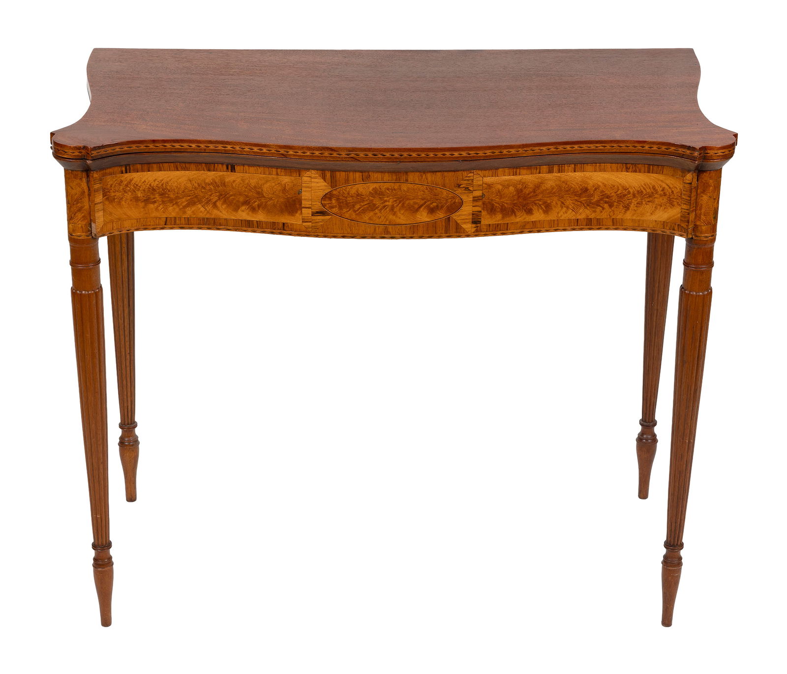 SHERATON MAHOGANY AND SELECT VENEER CARD TABLE Massachusetts, Circa 1805 Height 29". Width 35.25". (1 of 1)