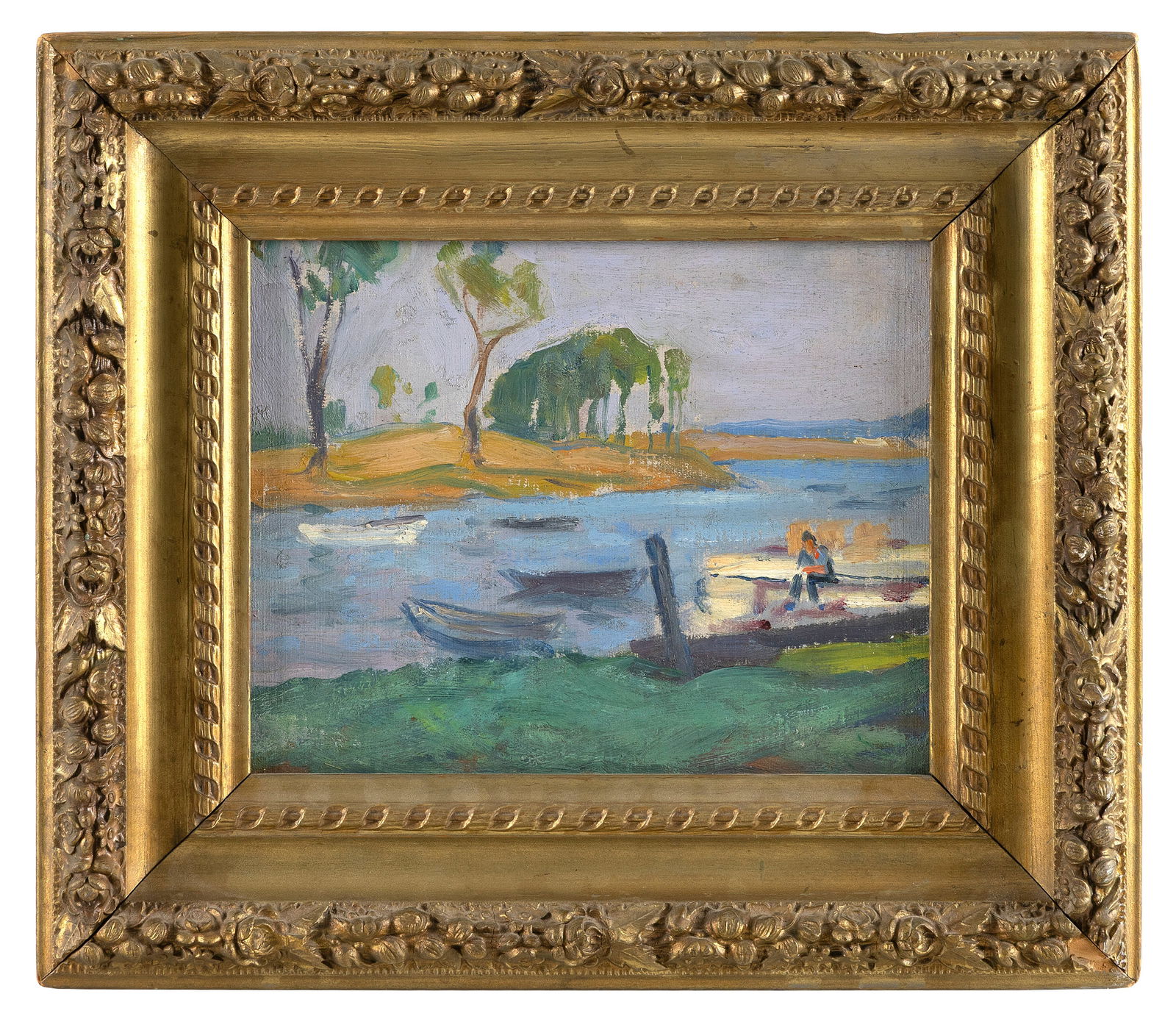 SCHOOL OF CHARLES HERBERT WOODBURY , "Harbor Island Portsmouth"., Oil on cardboard, 8" x 10". Framed: SCHOOL OF CHARLES HERBERT WOODBURY"Harbor Island Portsmouth". Titled and stamped "C.H.W." and "E.W.P." verso.Oil on cardboard, 8" x 10". Framed 13.5" x 15.5".