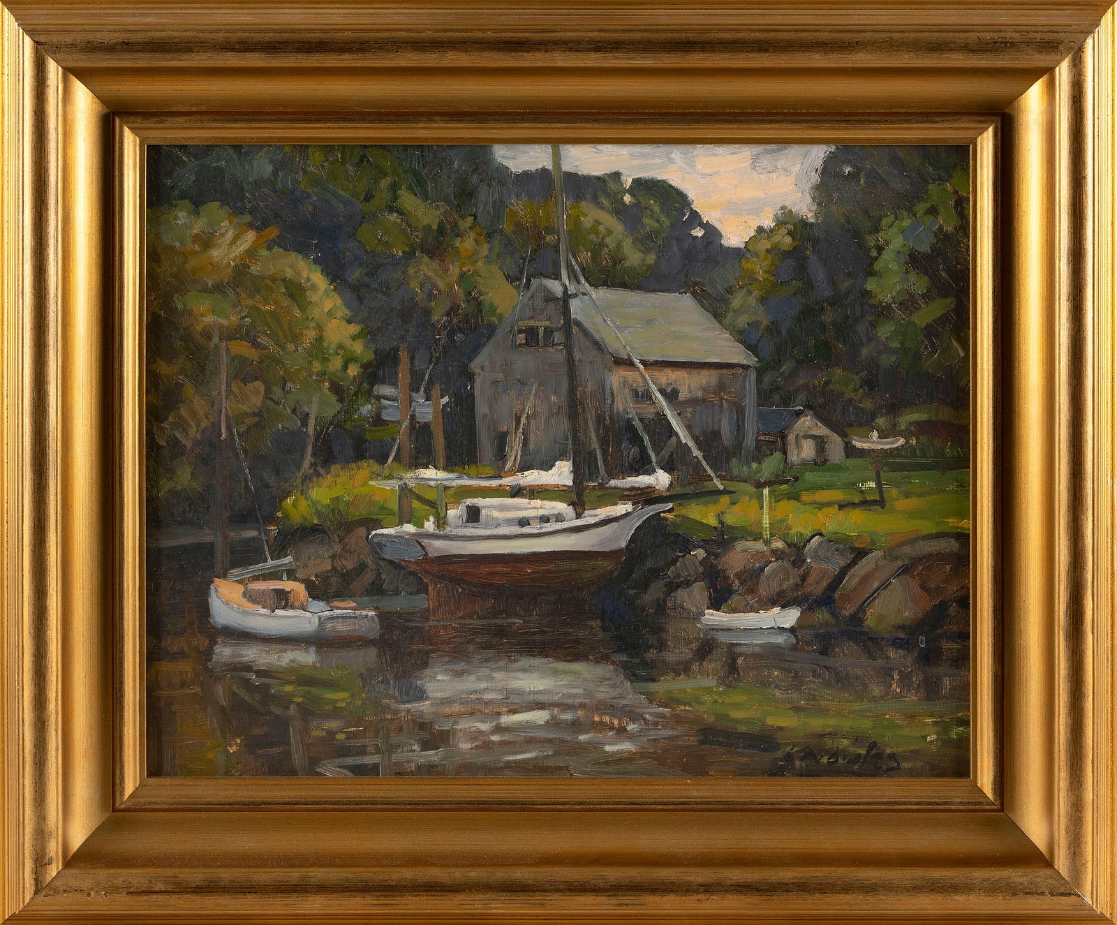 KENNETH KNOWLES (Massachusetts, 1968-), "Essex Sloop"., Oil on masonite, 14" x 18". Framed 20" x: KENNETH KNOWLESMassachusetts, 1968-"Essex Sloop". Signed lower right "Knowles". Titled and dated 1998 verso.Oil on masonite, 14" x 18". Framed 20" x 24".