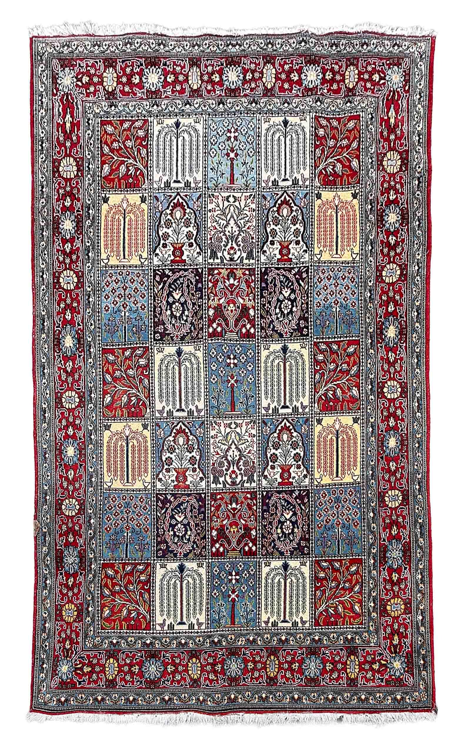 PERSIAN RUG IN GARDEN DESIGN: 4'7" X 7'4" Mid-20th Century: PERSIAN RUG IN GARDEN DESIGN: 4'7" X 7'4"Mid-20th CenturyField composed of contiguous rectangles containing traditional elaborate motifs including elegant flowering branches, flower vases beneath pray