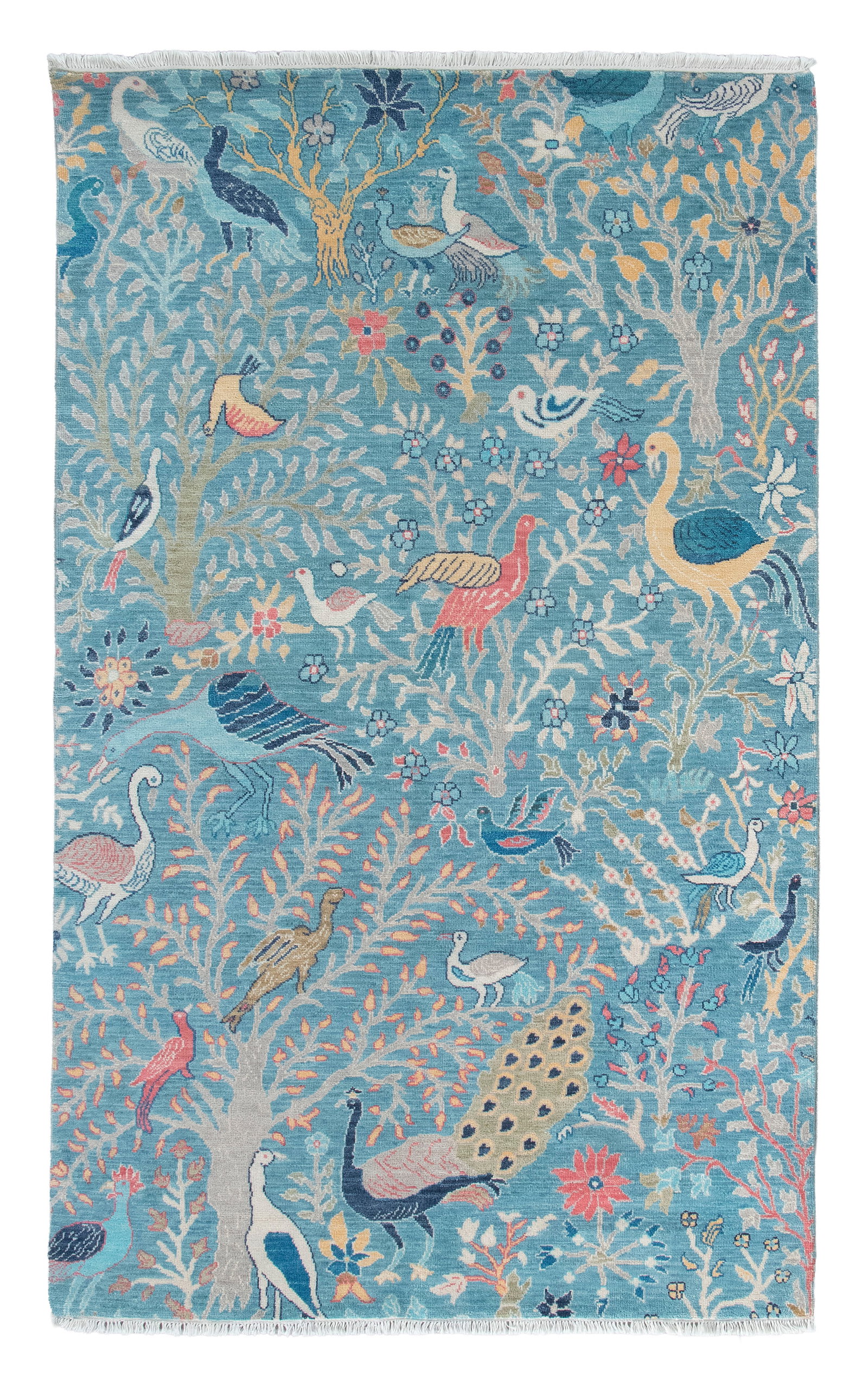 AVIAN FOREST DESIGN RUG: 5'0 X 8'2" 21st Century: AVIAN FOREST DESIGN RUG: 5'0 X 8'2"21st CenturyBorderless dark aqua field is covered by a variety of exotic birds and trees, all rendered in shades of red, blue, gold and earth tones like gray, oyster