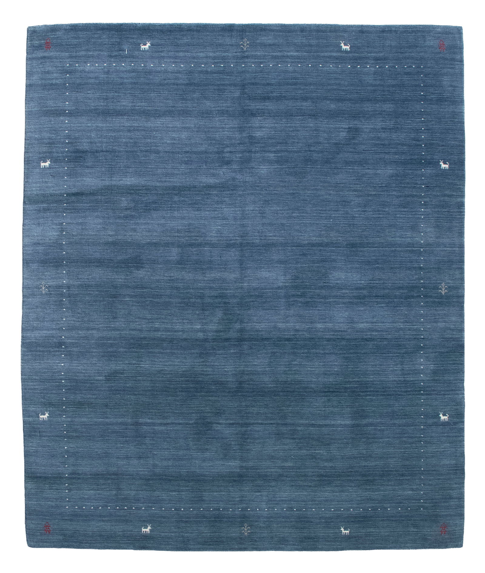 GABBEH DESIGN RUG: 8'2" X 9'10" 21st Century: GABBEH DESIGN RUG: 8'2" X 9'10"21st CenturyVariegated denim blue field with a single broad border suggested by a row of subtle ivory dashes. Tiny arbors and animal and human figures about the perimete