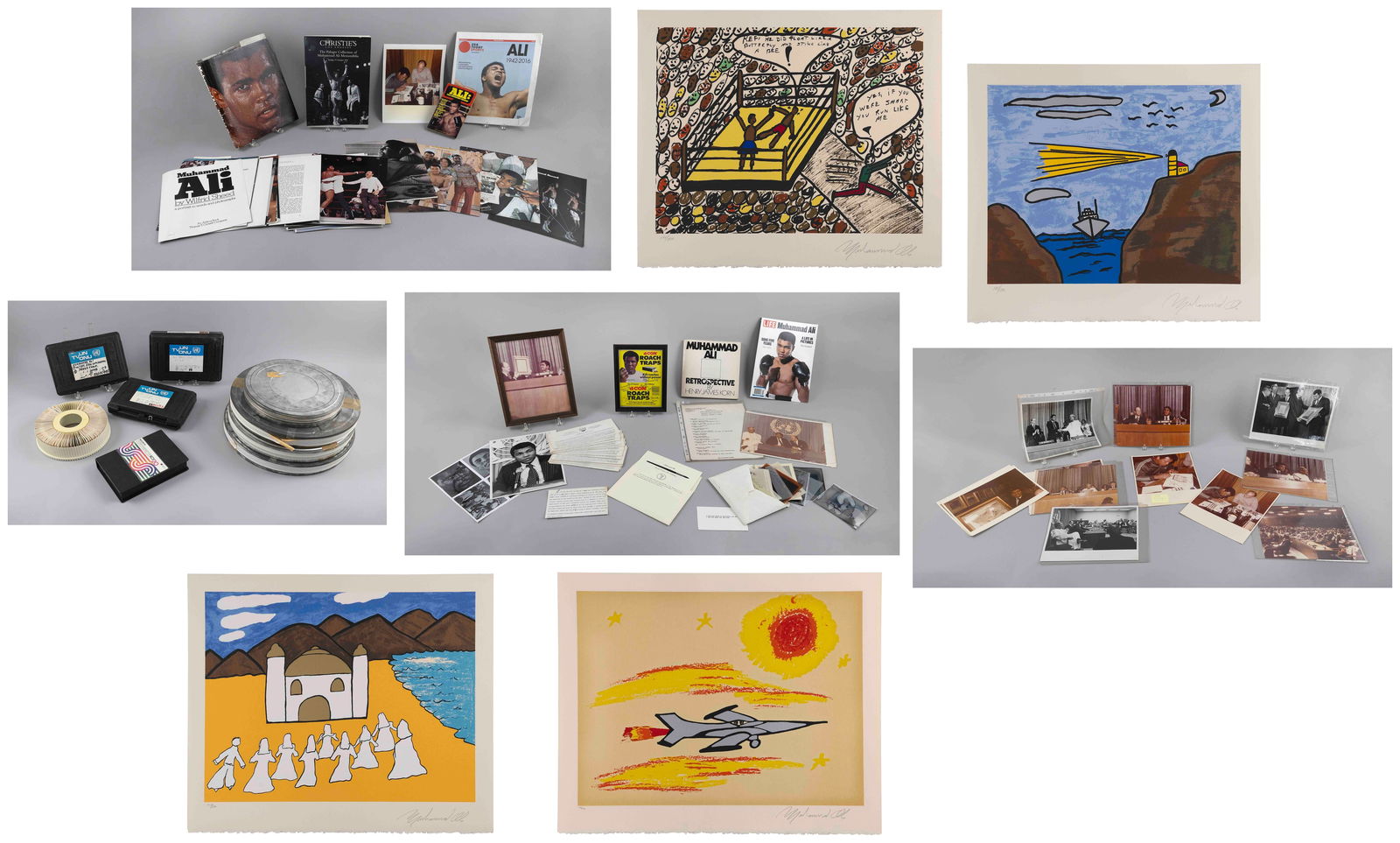 ARCHIVE OF MUHAMMAD ALI MATERIAL INCLUDING MORE THAN 100 SIGNED AND NUMBERED MUHAMMAD ALI COLOR: ARCHIVE OF MUHAMMAD ALI MATERIAL INCLUDING MORE THAN 100 SIGNED AND NUMBERED MUHAMMAD ALI COLOR LITHOGRAPHS20th CenturyIncredible run of rare prints of Muhammad Ali including 35 prints each of "Muhamm