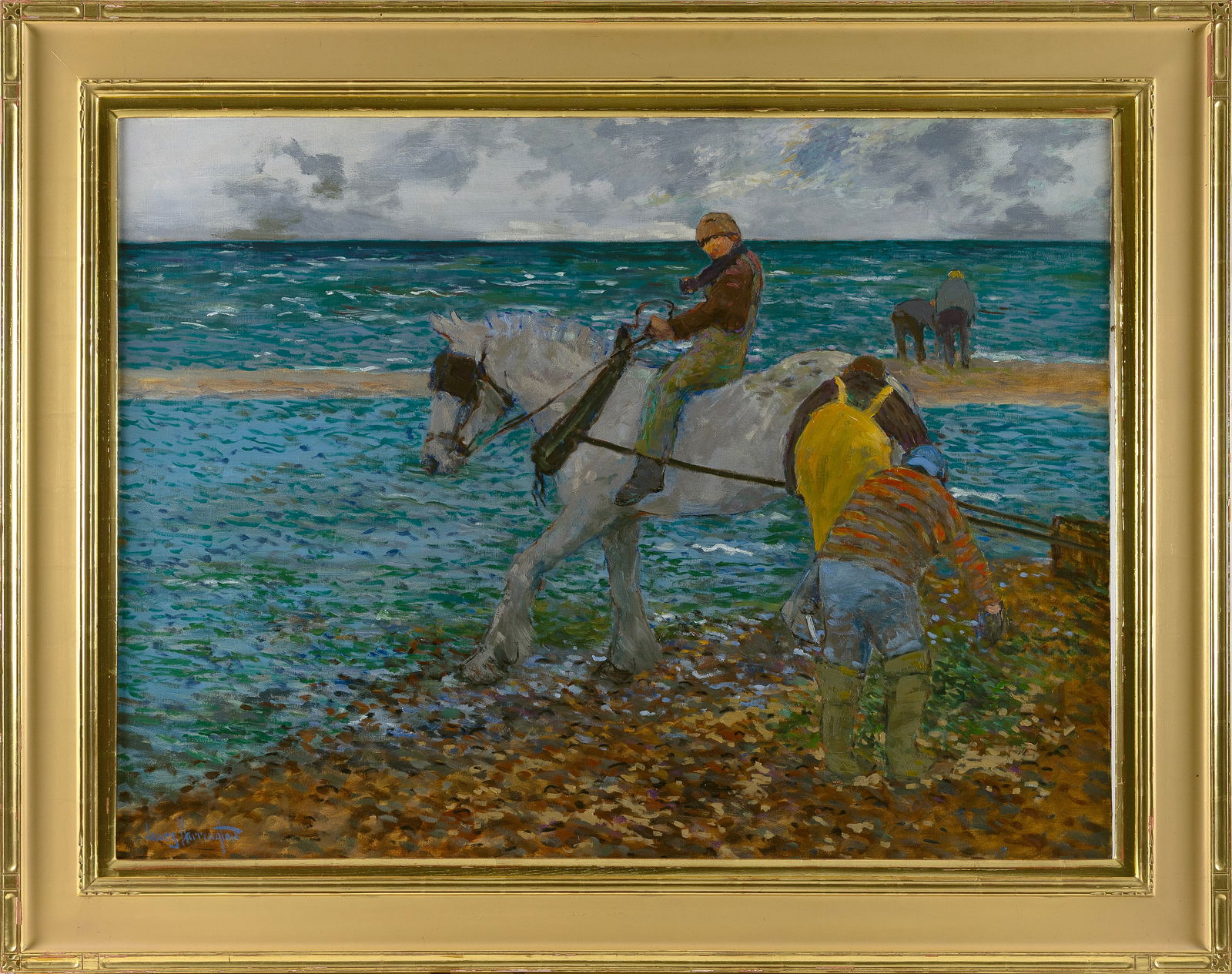 JAMES R. HARRINGTON (New York, 1929-2016), "Cape North Windfall", depicting coastal seaweed: JAMES R. HARRINGTONNew York, 1929-2016"Cape North Windfall", depicting coastal seaweed harvesting. Signed lower left "James Harrington".Oil on canvas, 30" x 40". Framed 39" x 49".