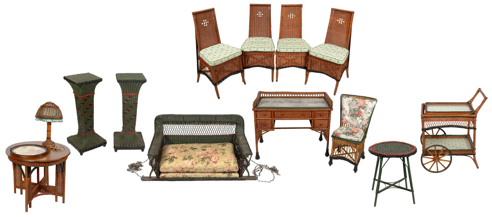 THIRTEEN PIECES OF HEYWOOD-WAKEFIELD WICKER FURNITURE Early 20th Century Plinth heights 35.5". (1 of 8)