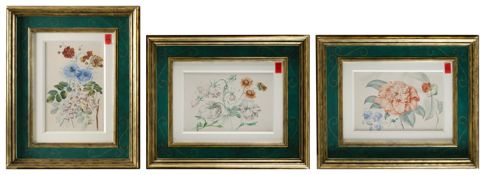 THREE HAND-COLORED BOTANICAL PRINTS 19th Century Framed 16" x 19.5". (1 of 2)