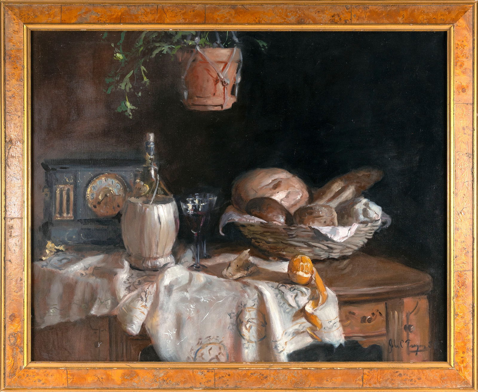JOHN C. TRAYNOR (New Hampshire/New York, 1961-), Tabletop still life with a basket of bread and a: JOHN C. TRAYNORNew Hampshire/New York, 1961-Tabletop still life with a basket of bread and a peeled orange. Signed lower right "John C. Traynor".Oil on canvas, 35" x 44". Framed 41" x 50".