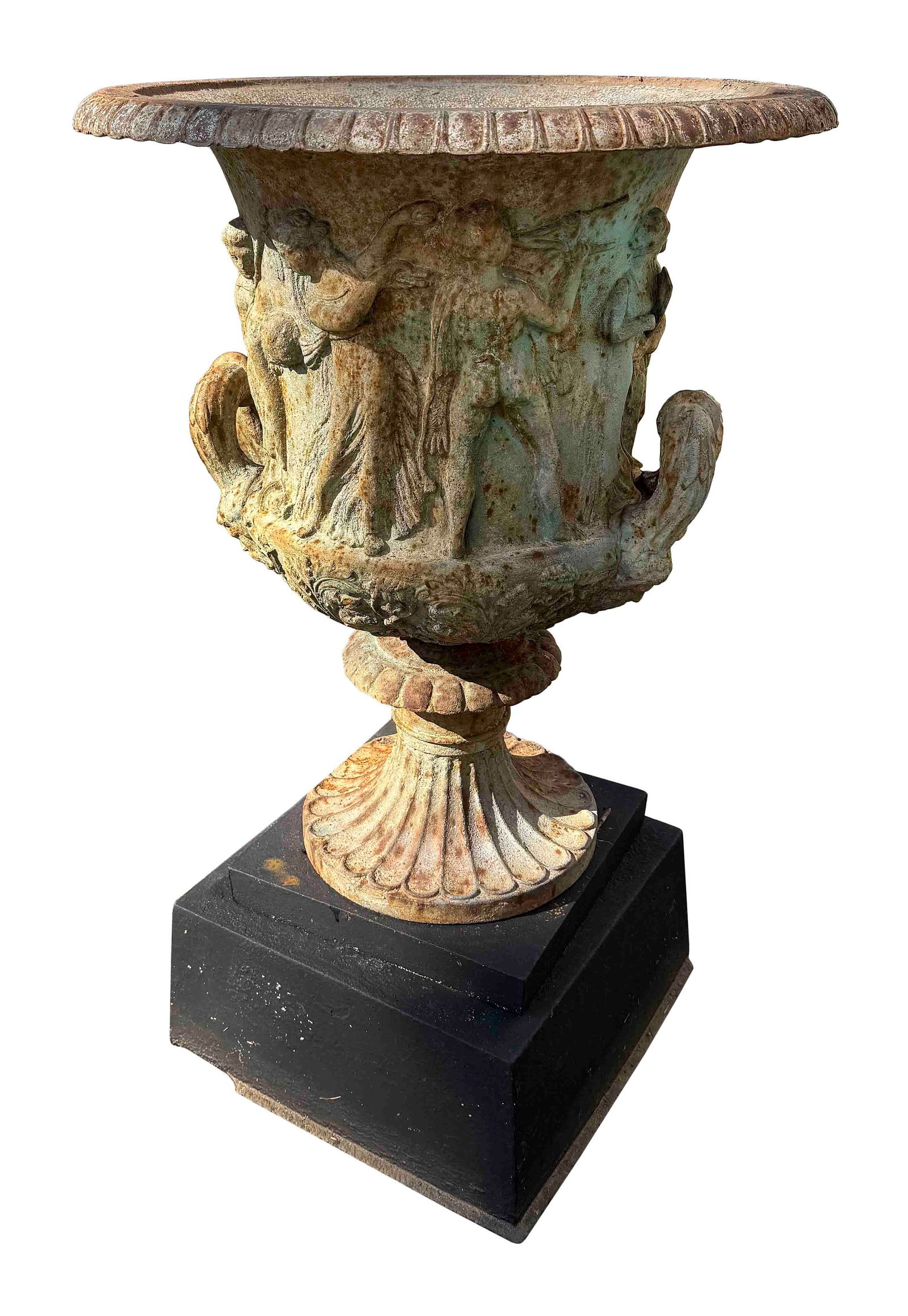 CLASSICAL CAST IRON GARDEN URN Late 19th Century: CLASSICAL CAST IRON GARDEN URNLate 19th CenturyCast with classical figures. Includes a black plinth.