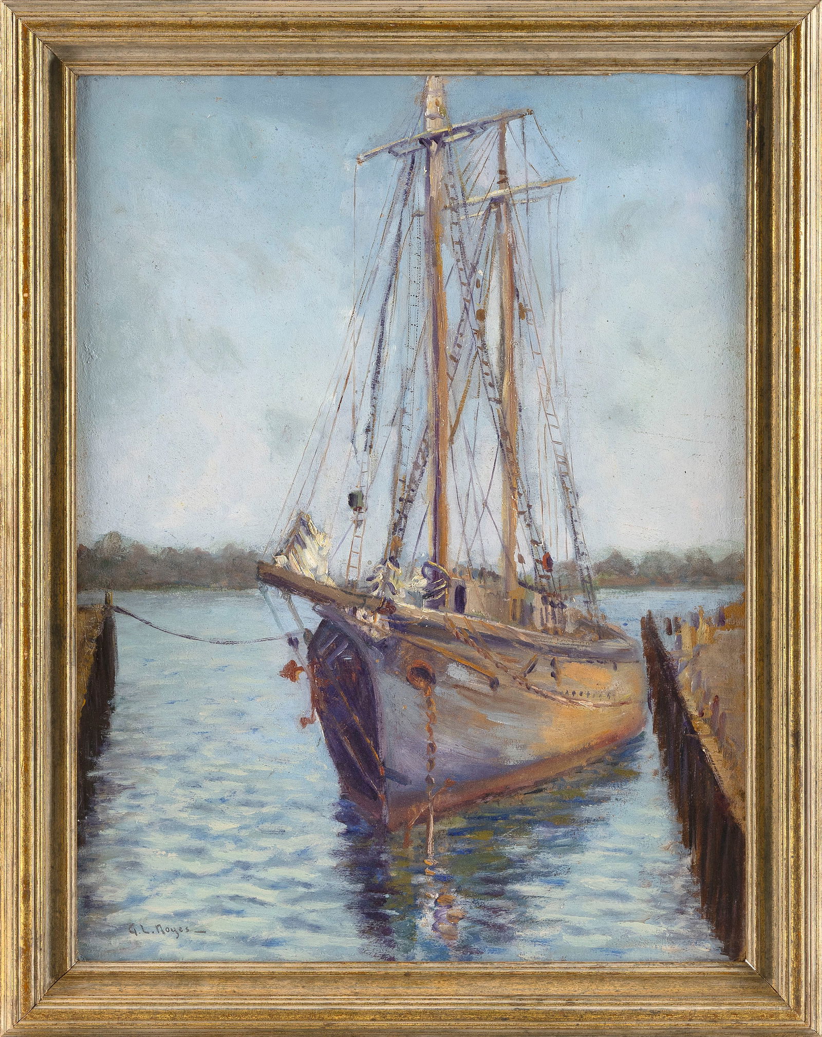 GEORGE LOFTUS NOYES (Massachusetts/New Hampshire, 1864-1954), Boat at a pier., Oil on canvas, 24" x: GEORGE LOFTUS NOYESMassachusetts/New Hampshire, 1864-1954Boat at a pier. Signed lower left "G.L. Noyes".Oil on canvas, 24" x 18". Framed 27.5" x 21.5".