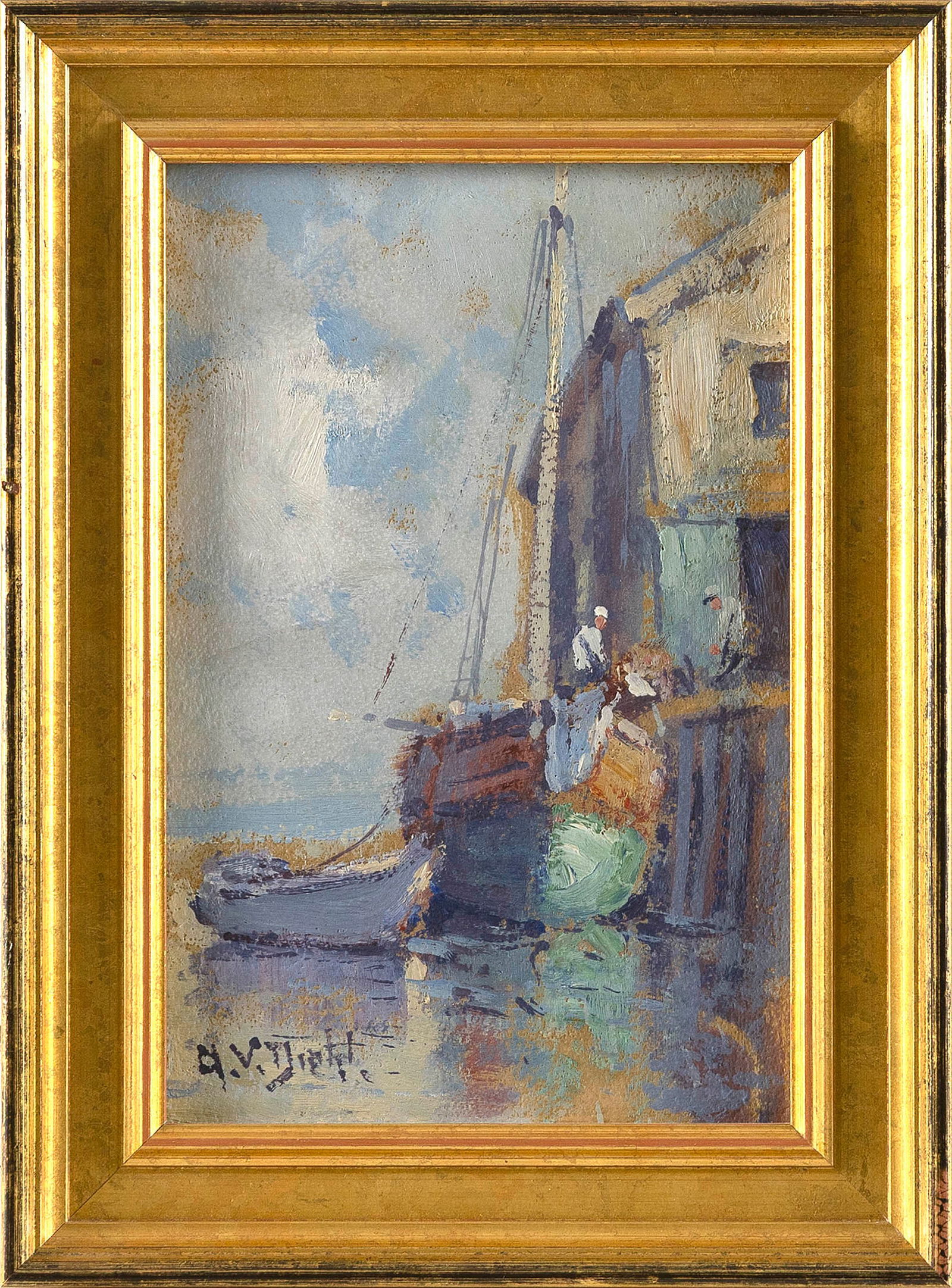 ARTHUR VIDAL DIEHL (Massachusetts/New York/England, 1870-1929), Fishing boat at the wharf., Oil on: ARTHUR VIDAL DIEHLMassachusetts/New York/England, 1870-1929Fishing boat at the wharf. Signed lower left "A.V. Diehl".Oil on board, 9" x 6". Framed 11.5" x 8.5".