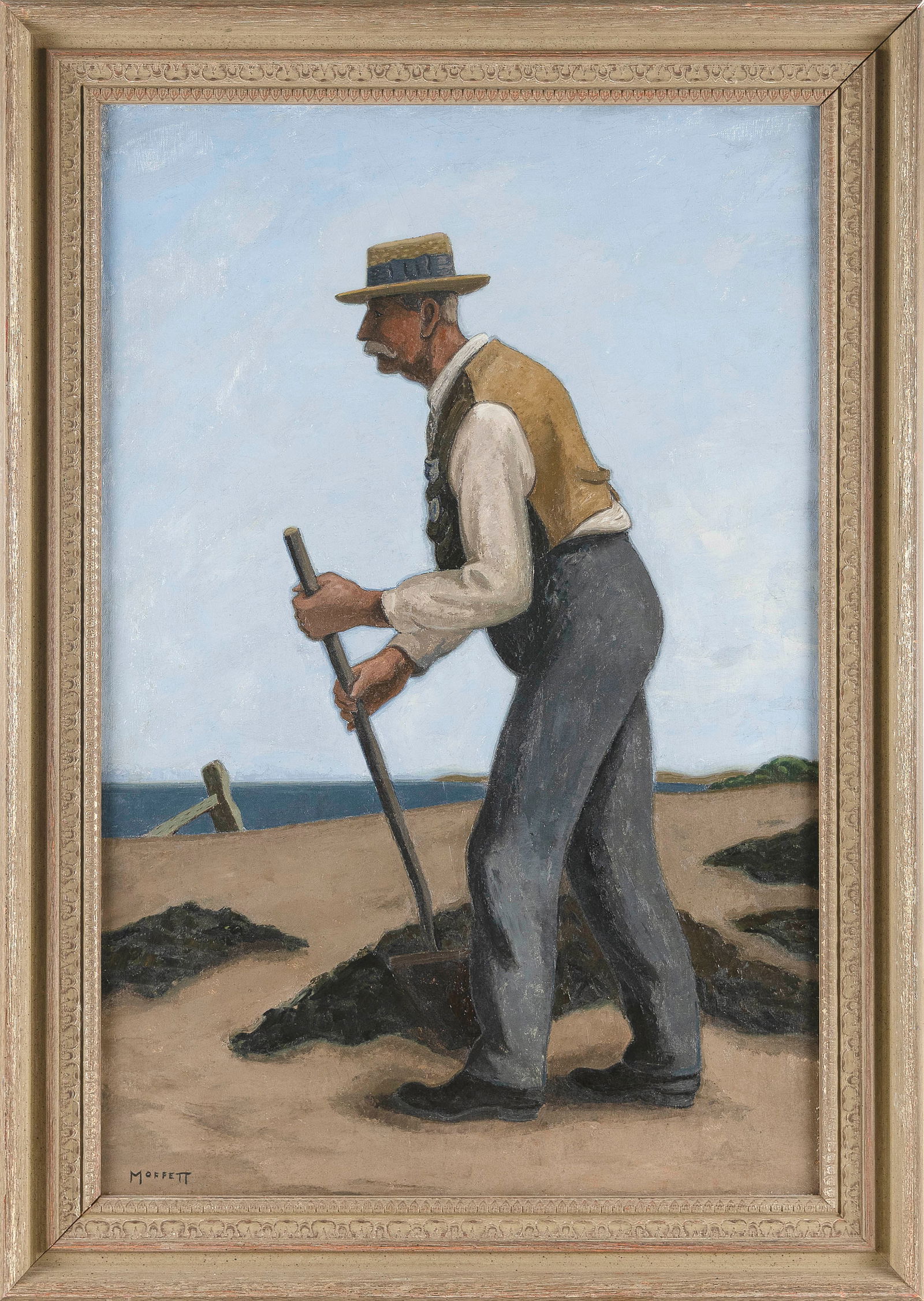 ROSS E. MOFFETT (Massachusetts/California/Iowa, 1888-1971), Clam digger., Oil on panel, 30" x 19.5".: ROSS E. MOFFETTMassachusetts/California/Iowa, 1888-1971Clam digger. Signed lower left "Moffett".Oil on panel, 30" x 19.5". Framed 35" x 25".