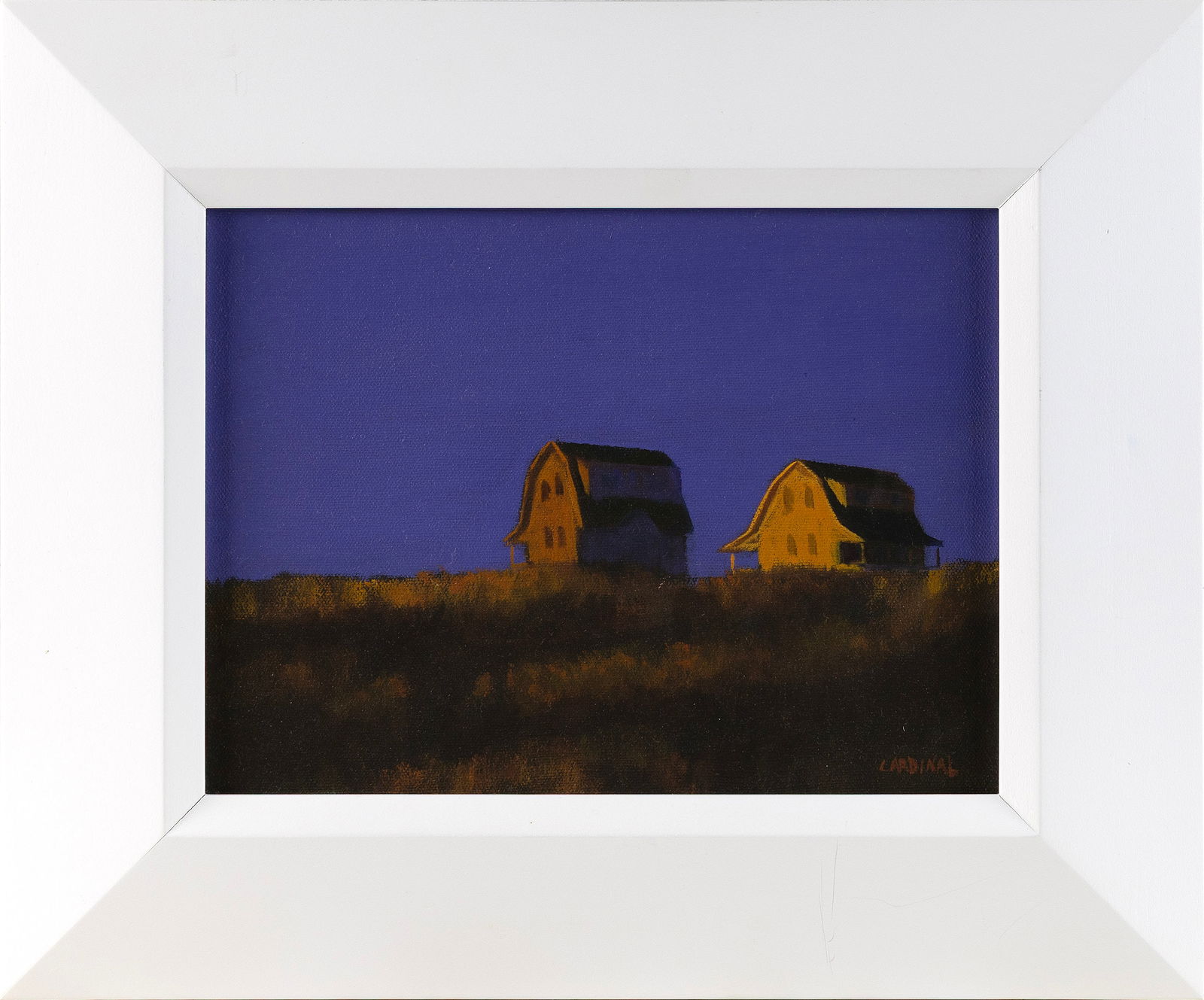 ROBERT CARDINAL (Massachusetts/New York/Canada, 1936-), Shore Road houses at twilight., Oil on: ROBERT CARDINALMassachusetts/New York/Canada, 1936-Shore Road houses at twilight. Signed lower right "Cardinal".Oil on canvas, 9" x 12". Framed 15" x 18".