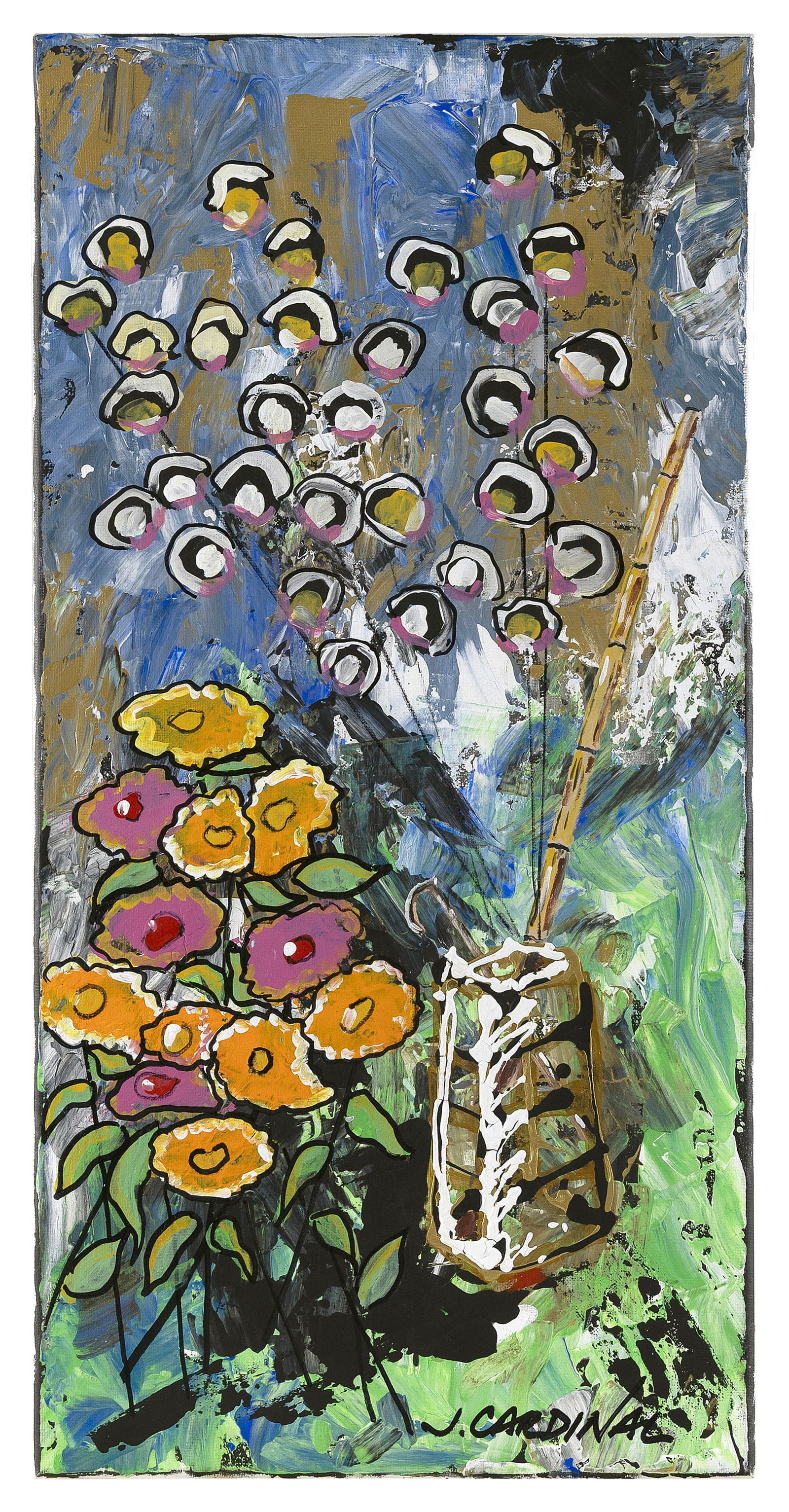 JULIAN CARDINAL (Massachusetts/Vermont, 1989-), Still life of flowers and bamboo., Oil on canvas,: JULIAN CARDINALMassachusetts/Vermont, 1989-Still life of flowers and bamboo. Signed lower right "J. Cardinal".Oil on canvas, 30" x 15". Unframed.