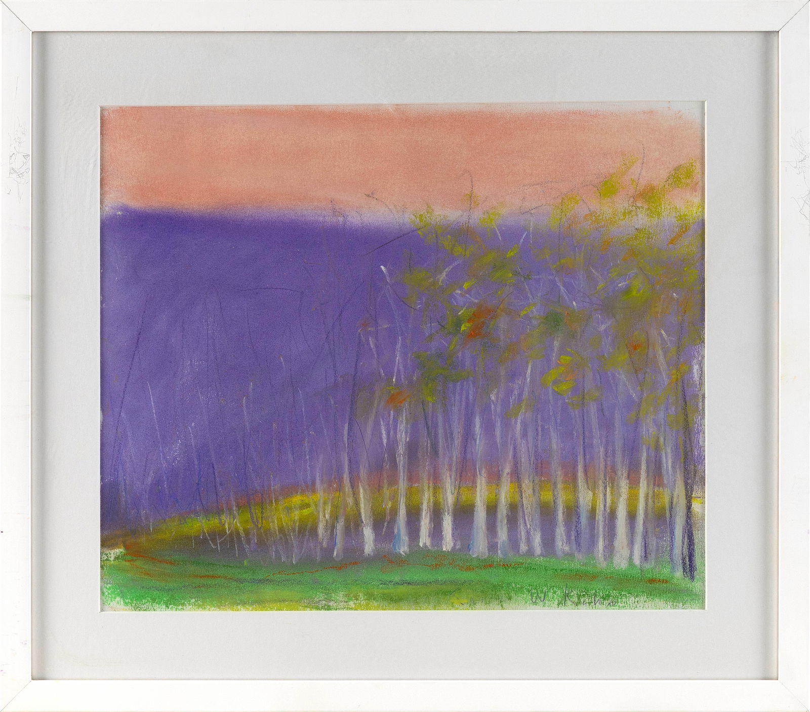 WOLF KAHN (New York/Vermont/Germany, 1927-2020), Trees with a purple and pink sky., Pastel on paper,: WOLF KAHNNew York/Vermont/Germany, 1927-2020Trees with a purple and pink sky. Signed lower right "W. Kahn".Pastel on paper, 13" x 16" sight. Framed 19" x 21".