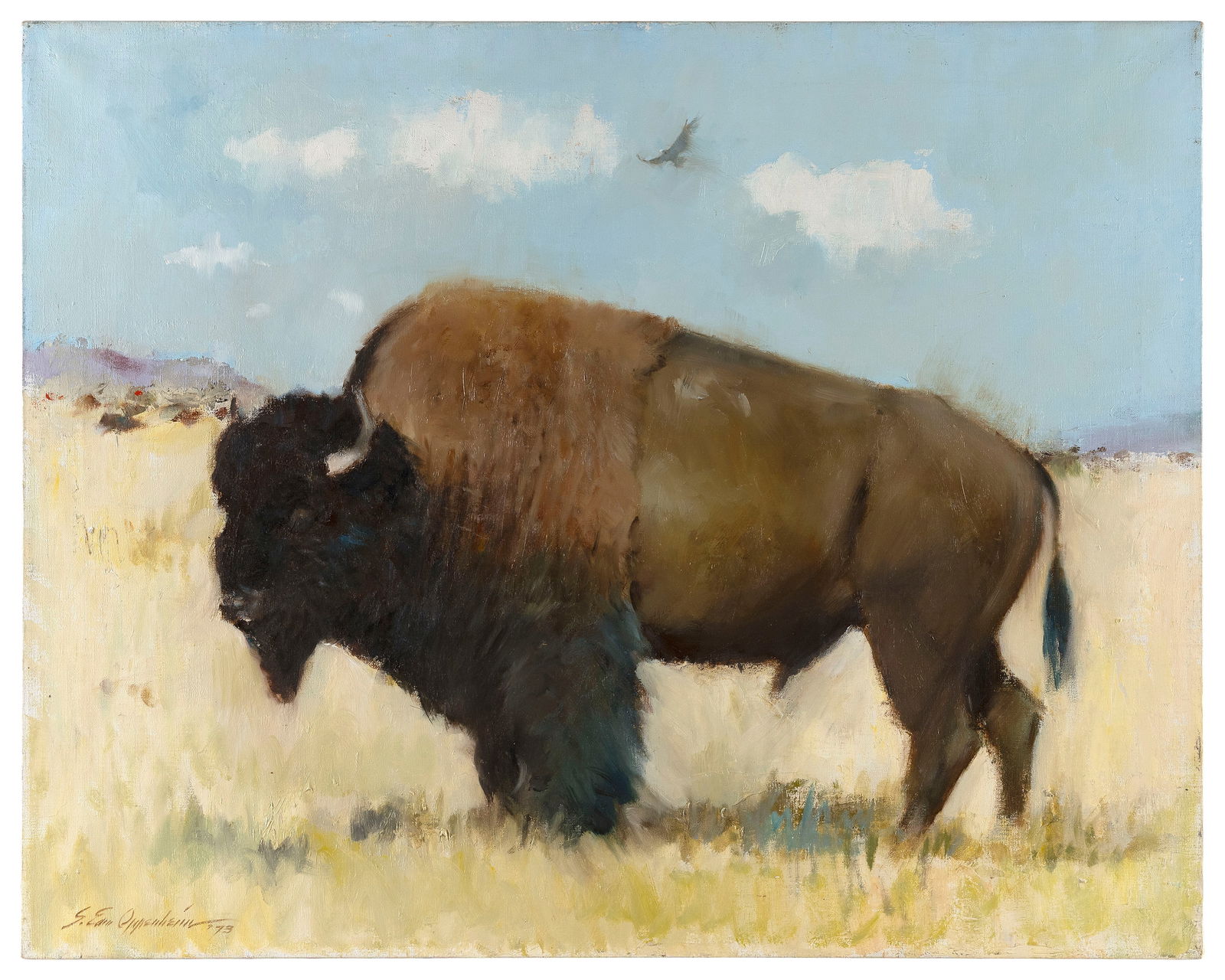 SAMUEL EDMUND OPPENHEIM (New York/Florida, 1901-1992), "The Bison" or "Grand Sentinel of the: SAMUEL EDMUND OPPENHEIMNew York/Florida, 1901-1992"The Bison" or "Grand Sentinel of the Plains". Signed and dated lower left "S. Edm. Oppenheim '73". Titled verso on canvas and a Miller Gallery label.