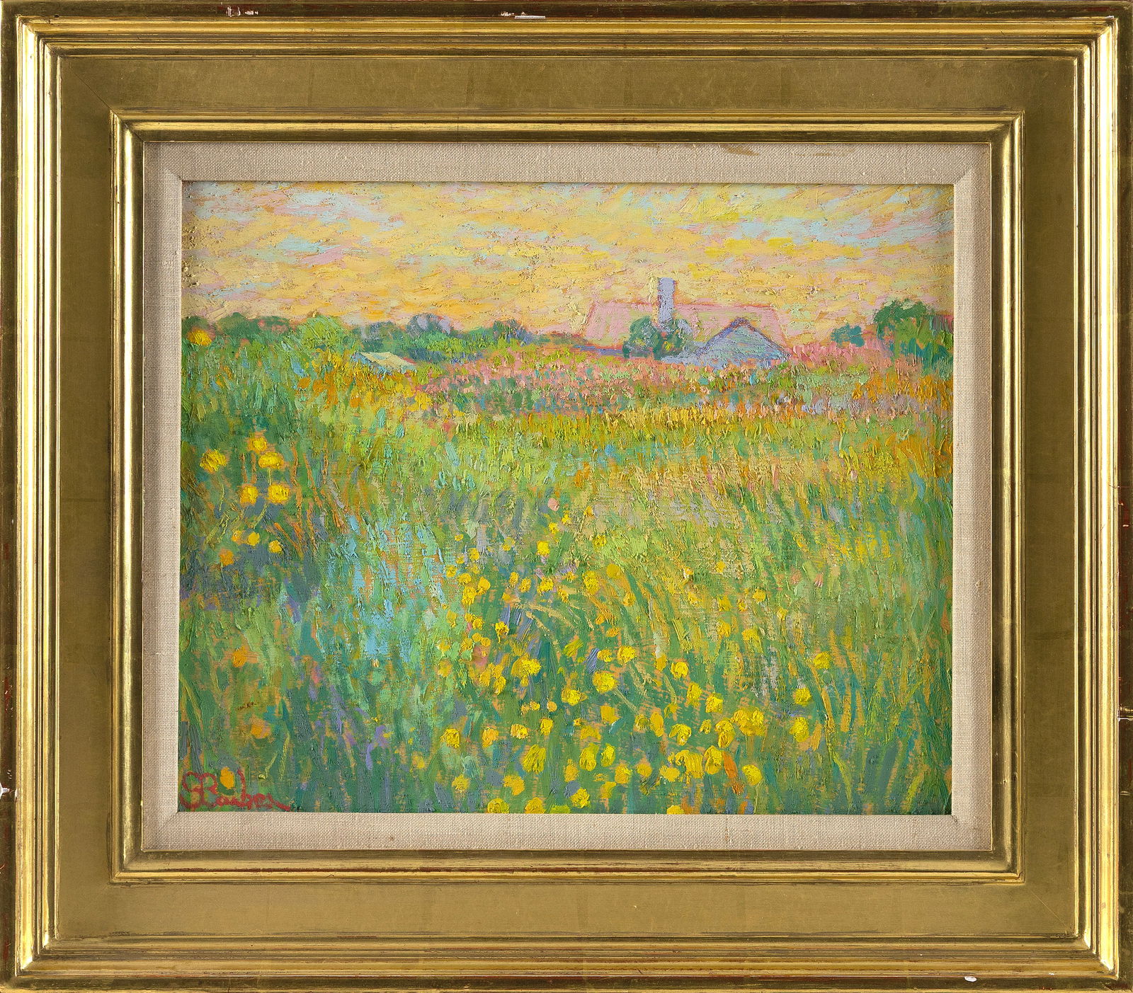 SAM BARBER (Massachusetts, 1943-), Field of yellow flowers., Oil on board, 13.5" x 16". Framed 19" x: SAM BARBERMassachusetts, 1943-Field of yellow flowers. Signed lower left "S. Barber". Housed in a Guido frame.Oil on board, 13.5" x 16". Framed 19" x 23".