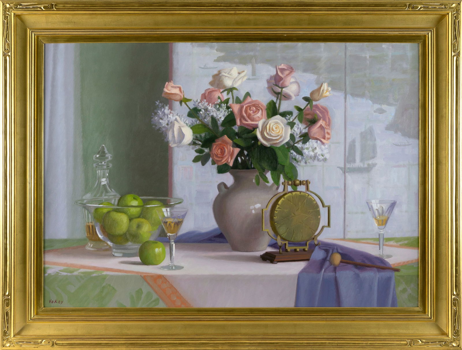SAM VOKEY (Massachusetts, 1963-), Tabletop still life with a bouquet of roses, a bowl of green (1 of 2)