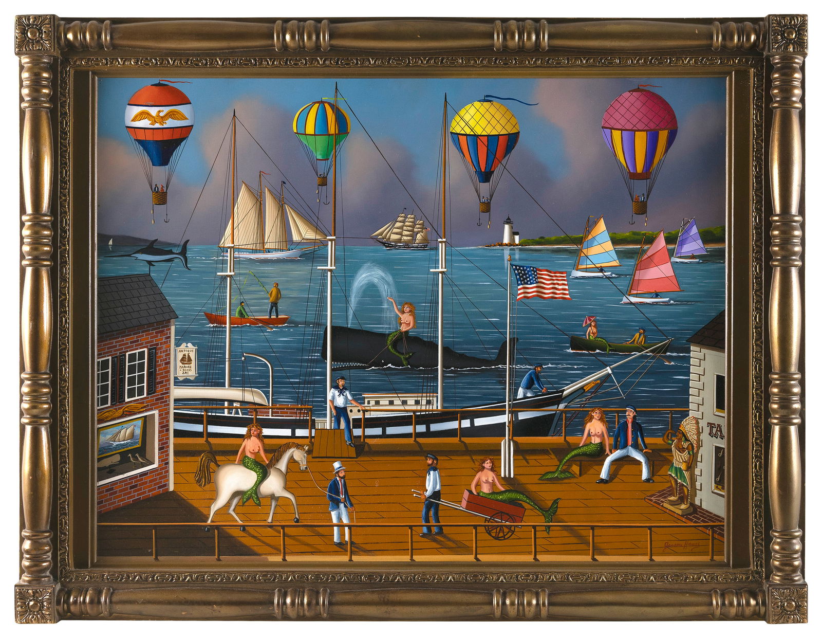 JEROME HOWES (New York/Massachusetts, 1955-), Busy wharf scene with hot air balloons., Oil on: JEROME HOWESNew York/Massachusetts, 1955-Busy wharf scene with hot air balloons. Signed lower right "Jerome Howes".Oil on masonite, 29" x 37". Framed 35" x 44.5".