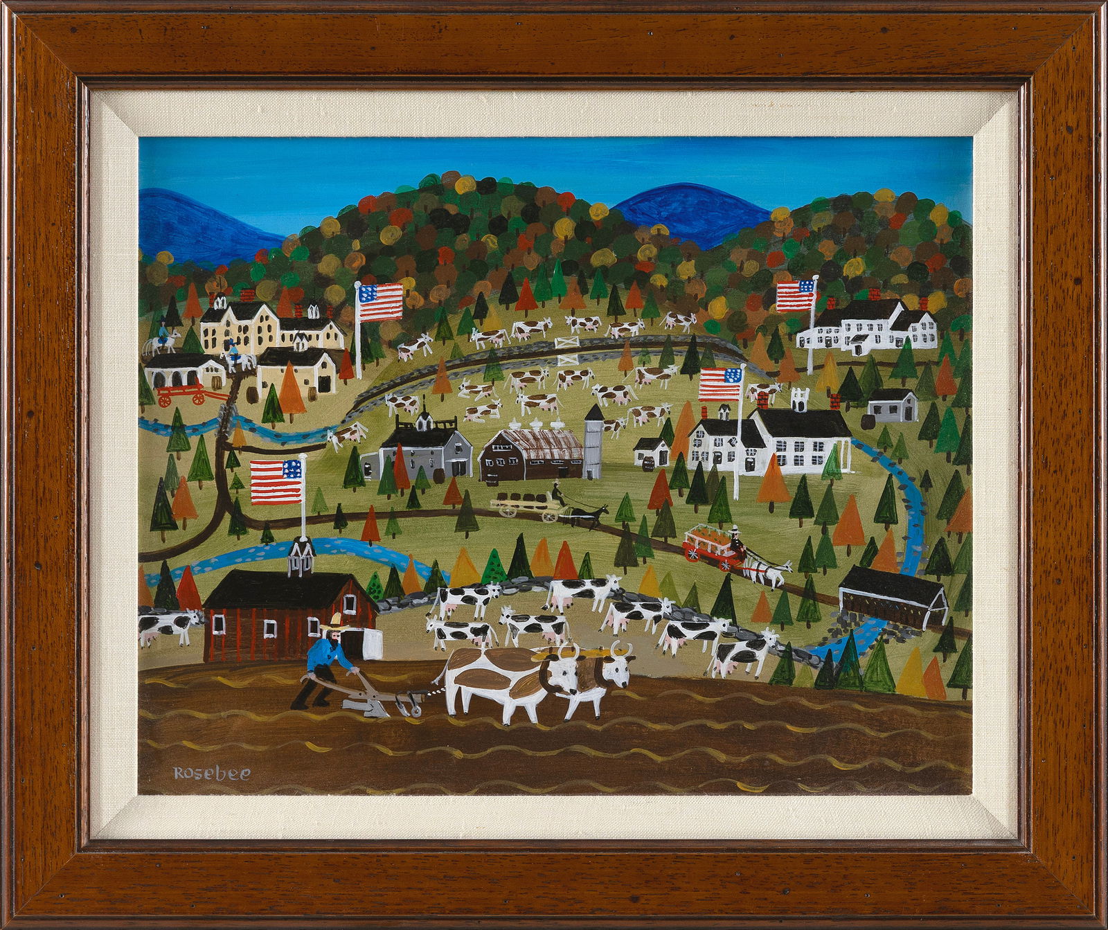 ROSEBEE (Massachusetts, 1932-2016), "Planting Winter Wheat"., Oil on board, 11" x 14". Framed 15.25": ROSEBEEMassachusetts, 1932-2016"Planting Winter Wheat". Signed lower left "Rosebee". Title and a relevant handwritten poem on the back of a November 1985 antique show flyer that accompanies the lot.Oi