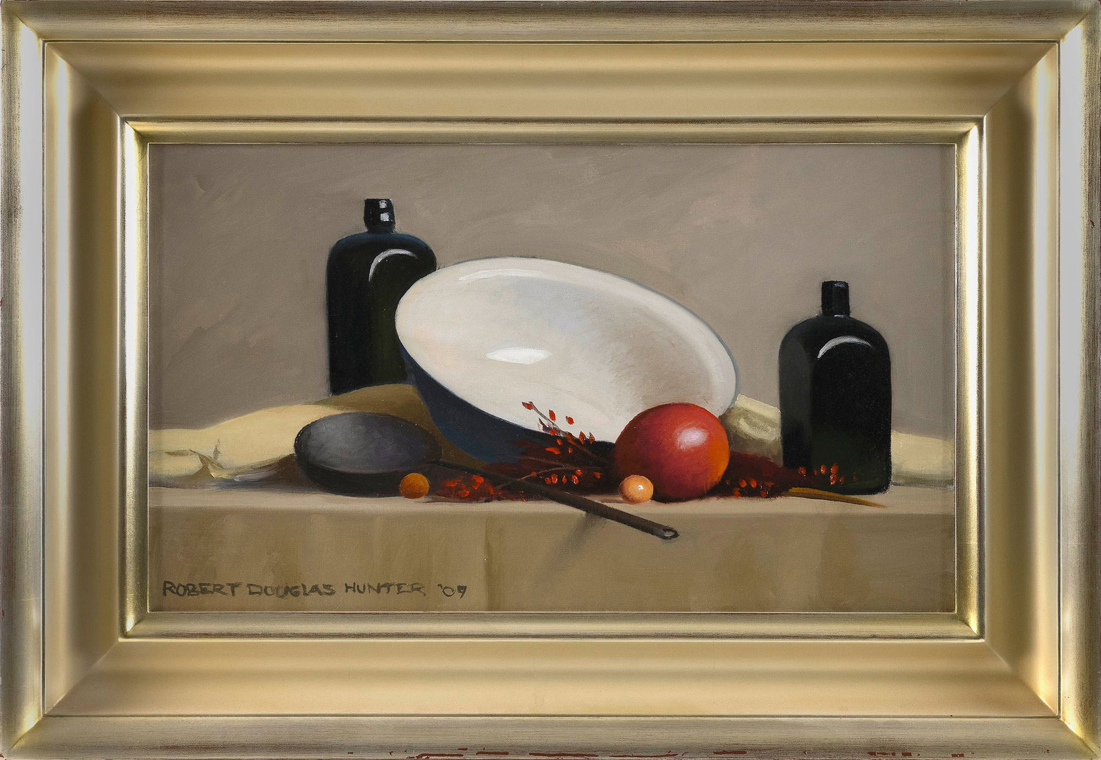 ROBERT DOUGLAS HUNTER (Massachusetts, 1928-2014), "Arrangement with Wash Basin"., Oil on canvas, 14": ROBERT DOUGLAS HUNTERMassachusetts, 1928-2014"Arrangement with Wash Basin". Signed and dated lower left "Robert Douglas Hunter 09".Oil on canvas, 14" x 24". Framed 21" x 31".