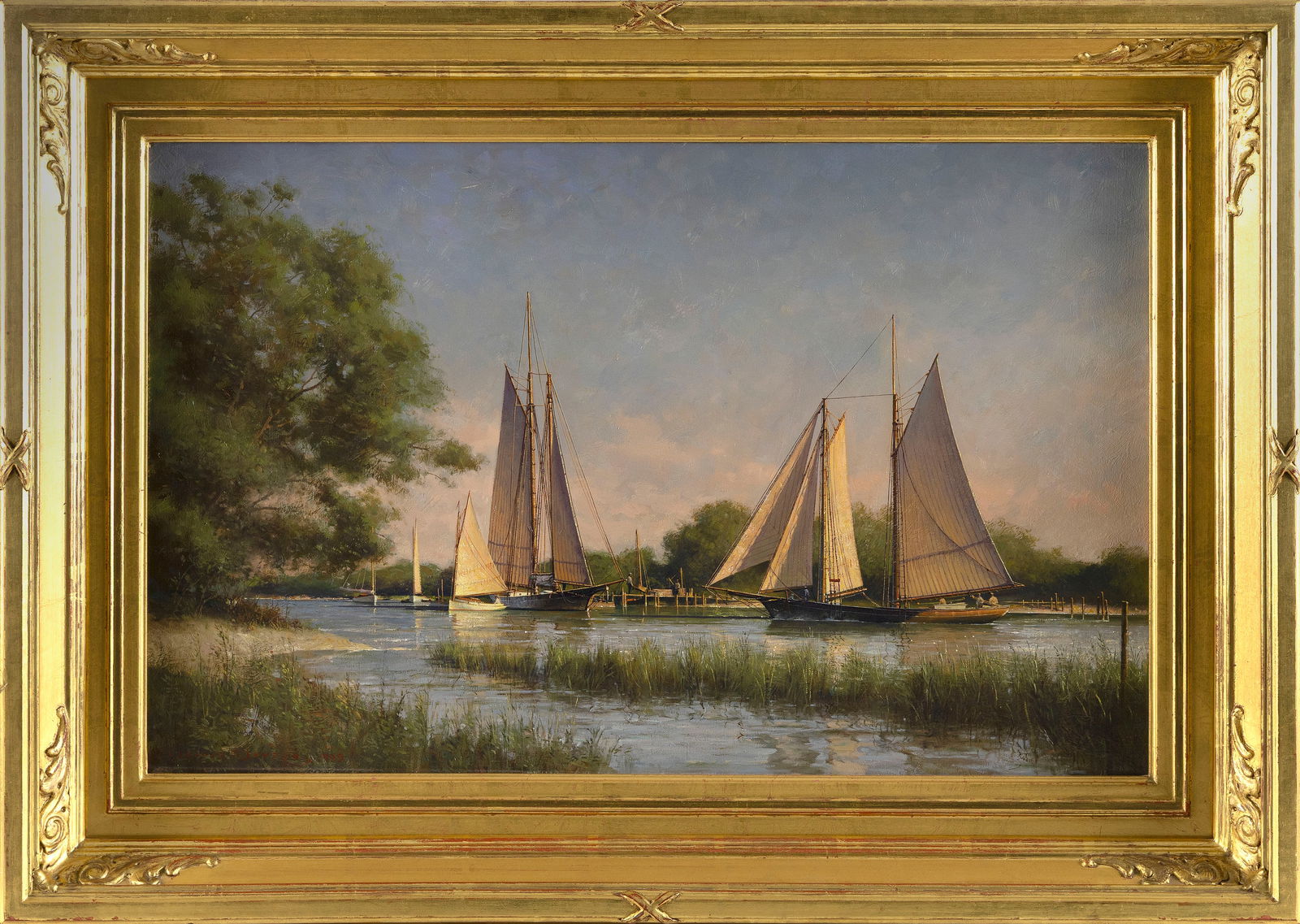 DONALD W. DEMERS (Maine/Massachusetts, 1956-), "River's Way"., Oil on canvas, 16" x 25". Framed 22": DONALD W. DEMERSMaine/Massachusetts, 1956-"River's Way". Signed lower left "Donald Demers". Titled verso.Oil on canvas, 16" x 25". Framed 22" x 31". Provenance:Private Collection, Nantucket, Massac