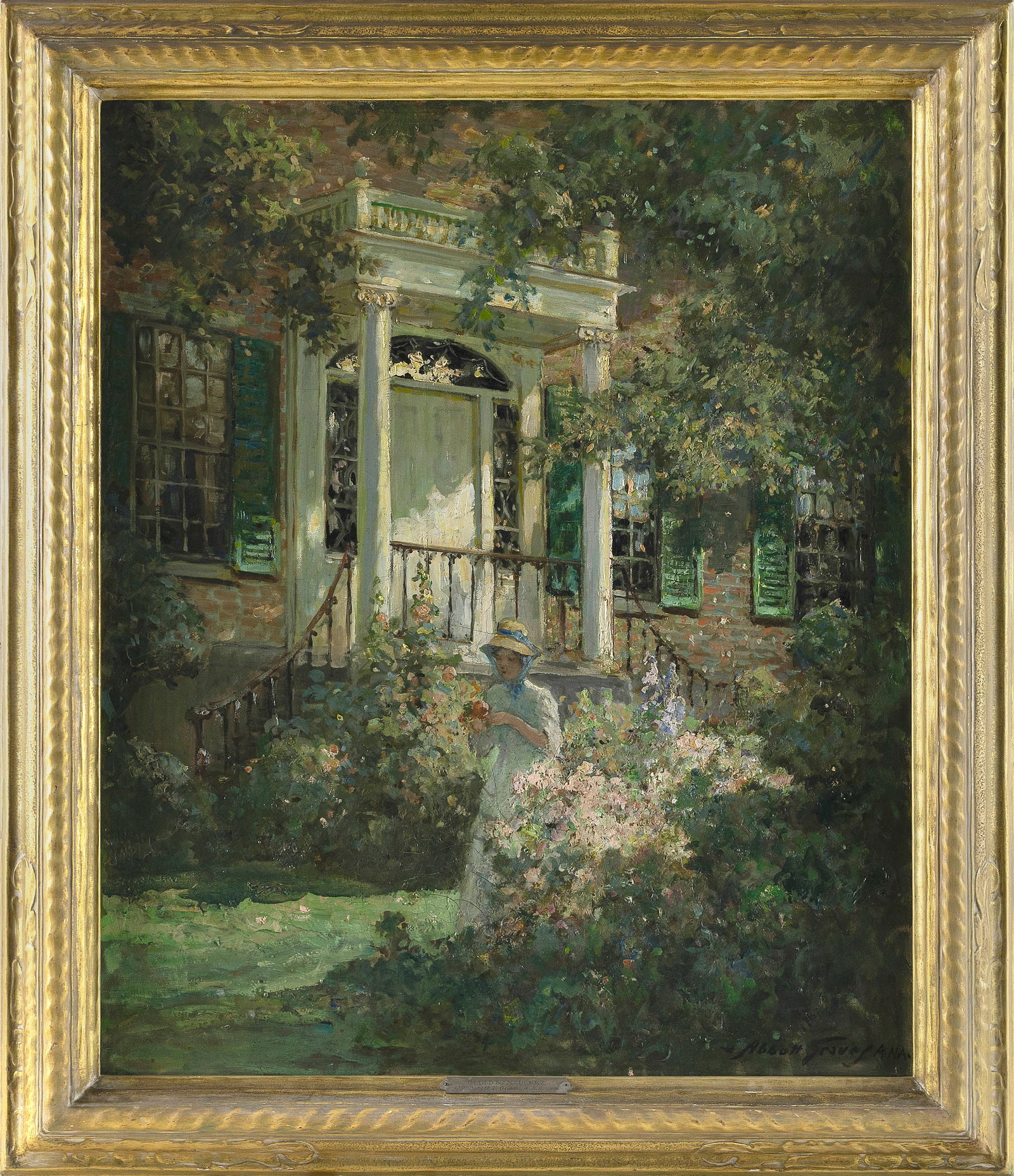 ABBOTT FULLER GRAVES (Massachusetts/Maine, 1859-1936), "In Old Nantucket", depicting a young woman: ABBOTT FULLER GRAVESMassachusetts/Maine, 1859-1936"In Old Nantucket", depicting a young woman cutting roses in front of a doorway. Signed lower right "Abbott Graves A.N.A." Housed in a Carrig-Rohane f