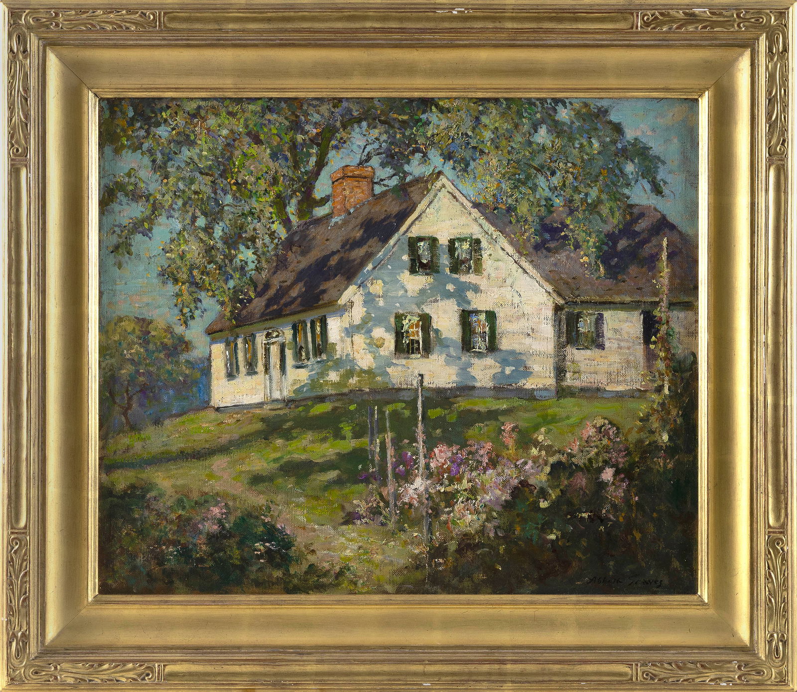 ABBOTT FULLER GRAVES (Massachusetts/Maine, 1859-1936), "Gardens, Hilltop Cape"., Oil on canvas, 18": ABBOTT FULLER GRAVESMassachusetts/Maine, 1859-1936"Gardens, Hilltop Cape". Signed lower right "Abbott Graves". Titled on gallery label verso.Oil on canvas, 18" x 24", Framed 27" x 31". Exhibited:No