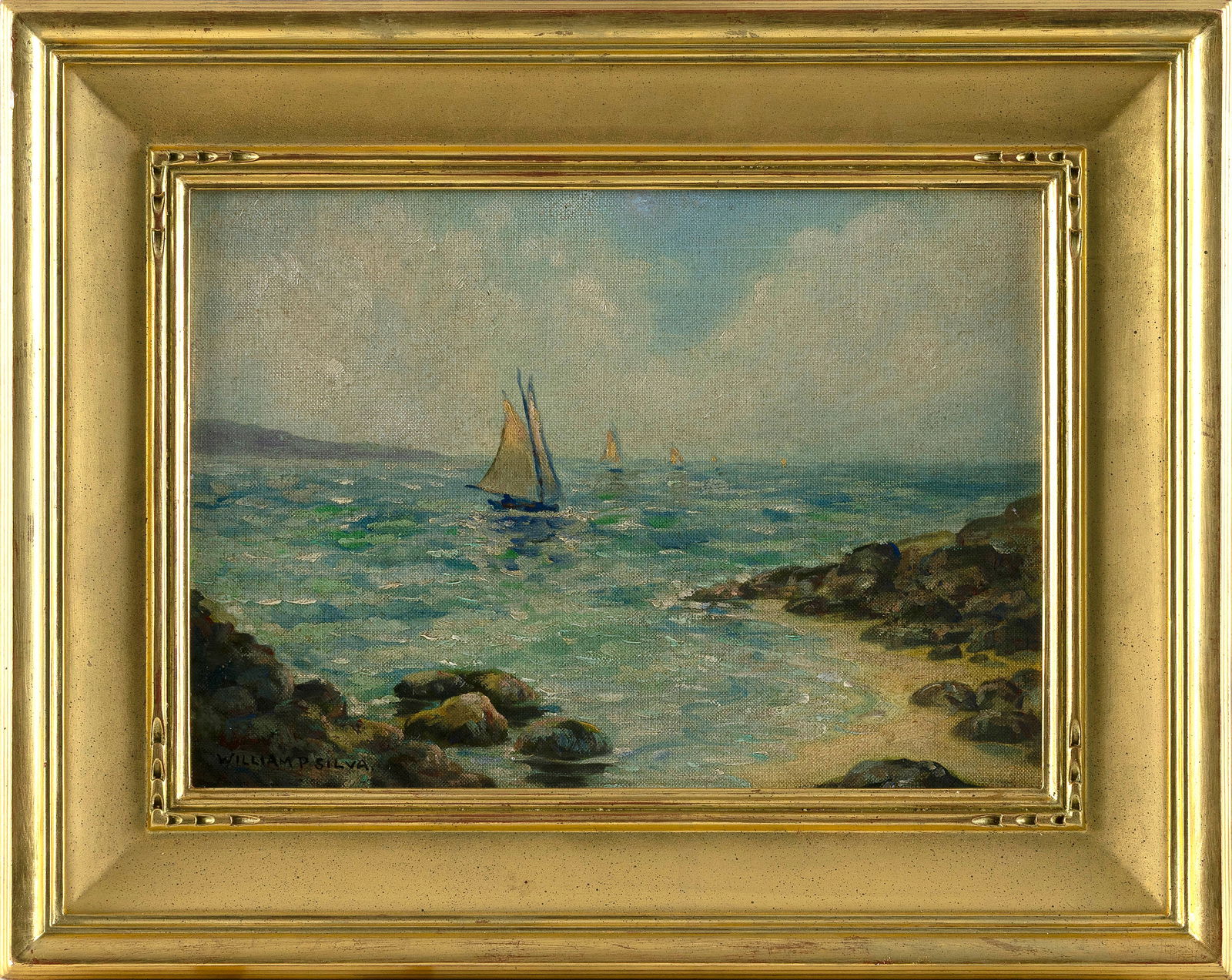 WILLIAM POSEY SILVA (California/Tennessee, 1859-1948), "Sails, Sand and Sea"., Oil on canvas board,: WILLIAM POSEY SILVACalifornia/Tennessee, 1859-1948"Sails, Sand and Sea". Signed lower left "William P. Silva". Titled verso.Oil on canvas board, 10" x 14". Framed 15.5" x 19.5".