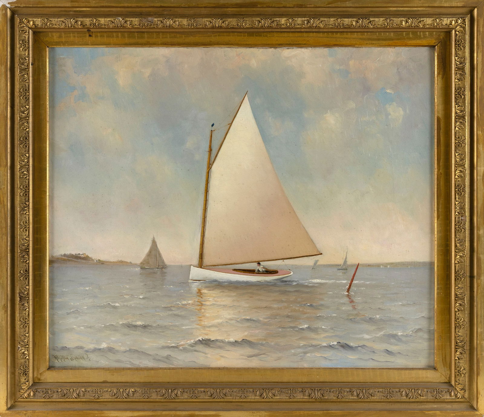 MARSHALL JOHNSON, JR. (Massachusetts, 1850-1921), Catboat out for a sail., Oil on canvas, 24" x 30".: MARSHALL JOHNSON, JR.Massachusetts, 1850-1921Catboat out for a sail. Signed lower left "Marshall Johnson Jr".Oil on canvas, 24" x 30". Framed 32" x 37".