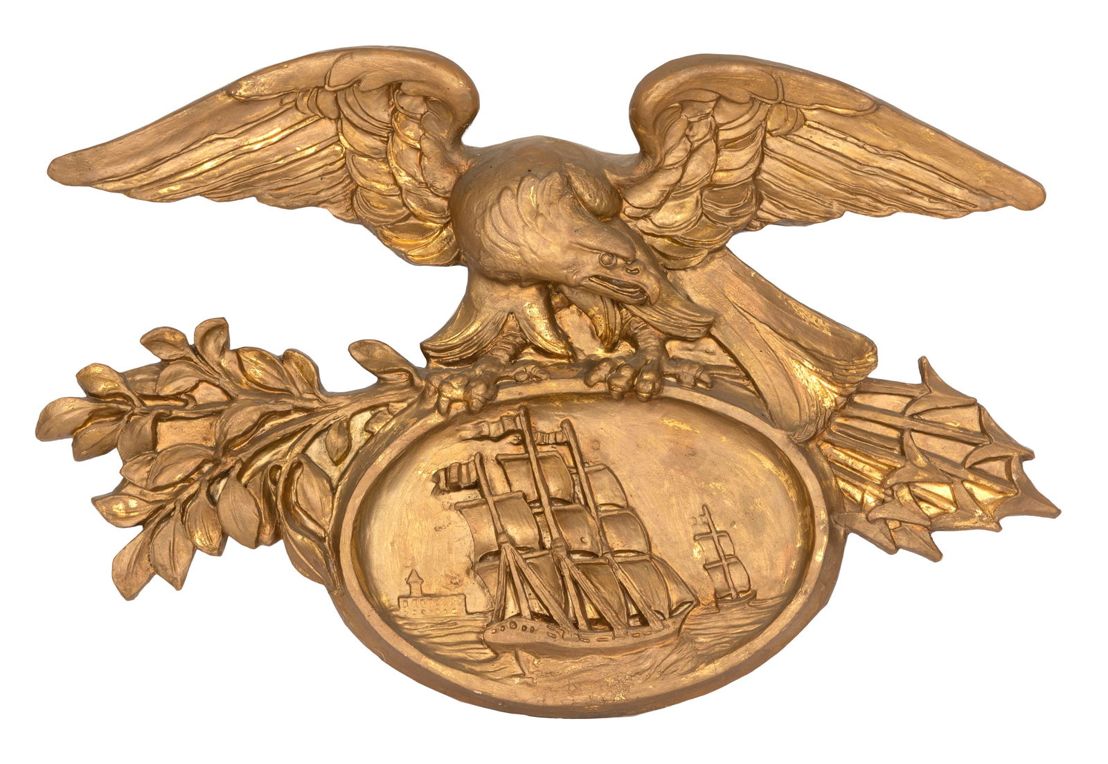 COMPOSITION MARITIME EAGLE PLAQUE 20th Century Height 28". Width 41".: COMPOSITION MARITIME EAGLE PLAQUE20th CenturySpread-wing eagle clutching arrows, olive branches and a ship medallion. Painted gold.Height 28". Width 41".