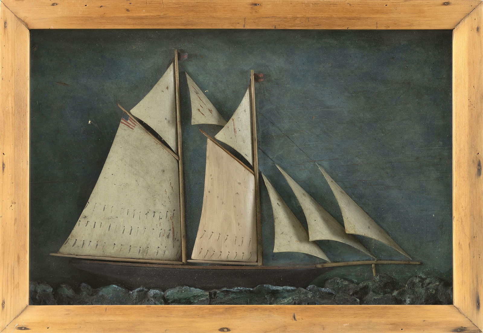 MARITIME DIORAMA OF A TWO-MASTED SCHOONER 20th Century Case height 15.5". Width 23". Depth 3". (1 of 2)