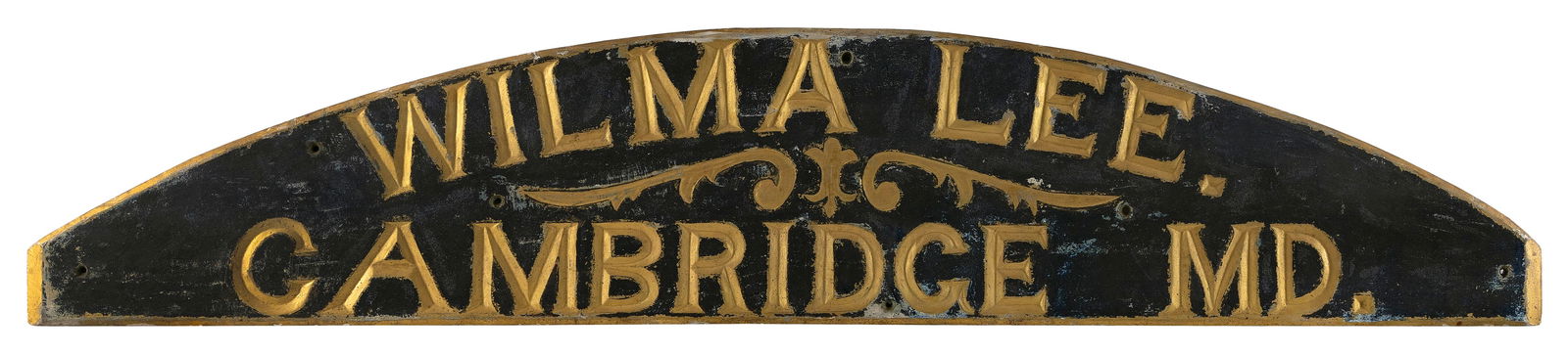 STERN BOARD "WILMA LEE. CAMBRIDGE MD" Early 20th Century Height 11.5". Length 58".: STERN BOARD "WILMA LEE. CAMBRIDGE MD"Early 20th CenturyPine with gold painted lettering against a black ground. Cambridge, Maryland is on the Eastern Shore, located near Chesapeake Bay.Height 11.5". L