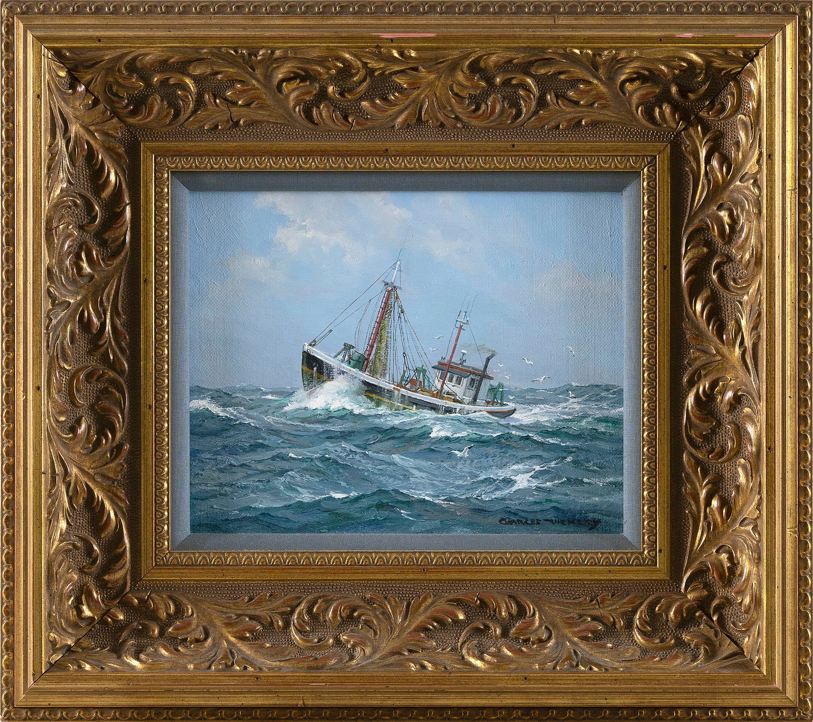 CHARLES VICKERY (Illinois, 1913-1998), Fishing trawler at sea., Oil on board, 8" x 10". Framed 16" x: CHARLES VICKERYIllinois, 1913-1998Fishing trawler at sea. Signed lower right "Charles Vickery".Oil on board, 8" x 10". Framed 16" x 18".