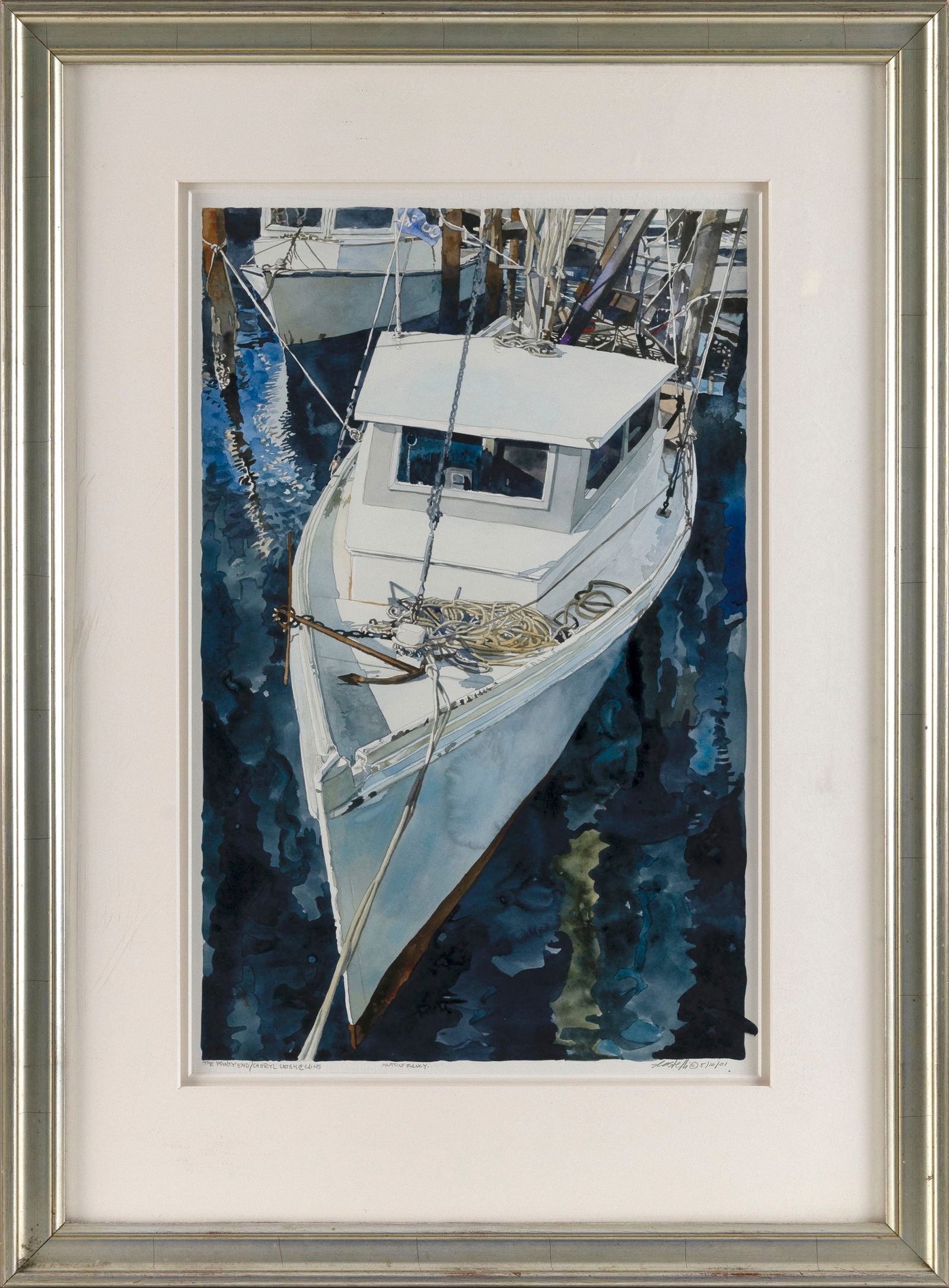 MARC CASTELLI (Maryland, Contemporary), "Nuttin' Fancy The Pointy End / Cheryl Leigh @ [?]".,: MARC CASTELLIMaryland, Contemporary"Nuttin' Fancy The Pointy End / Cheryl Leigh @ [?]". Signed, titled and dated "5/10/01" in pencil lower margin. Mystic Seaport Gallery label verso.Watercolor on pape
