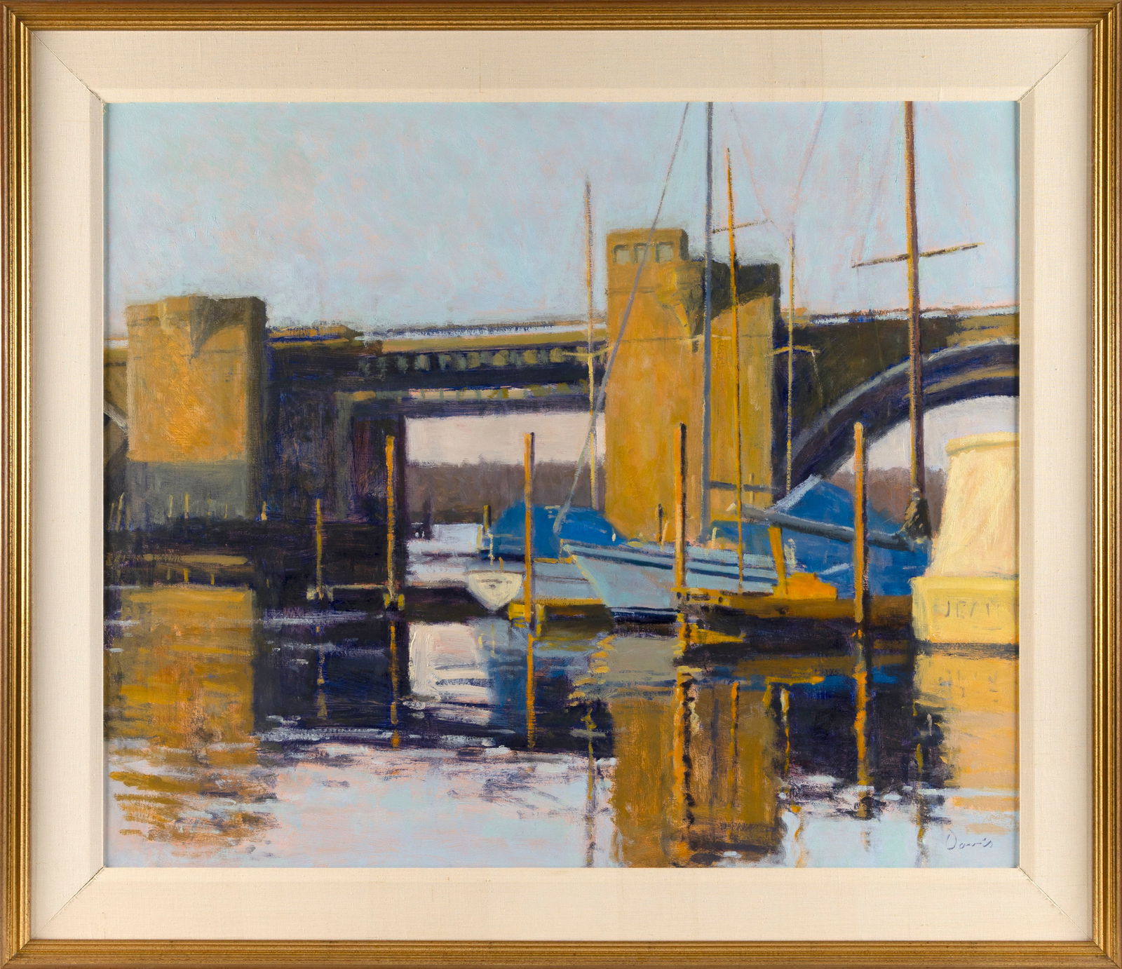 MICHAEL DAVIS (Massachusetts, 1945-), "Marina and Bridge", a view of Washington Bridge in: MICHAEL DAVISMassachusetts, 1945-"Marina and Bridge", a view of Washington Bridge in Providence, Rhode Island. Signed lower right "Davis". Titled and dated 1989 verso.Oil on canvas, 29" x 35". Framed