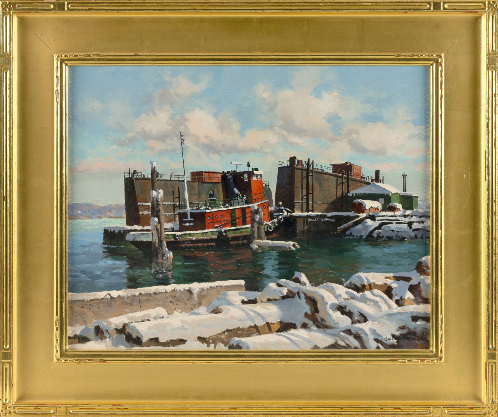 LOU BONAMARTE (Connecticut, 1933-2020), "Winter Shipyard"., Oil on canvas, 16" x 20". Framed 22.75": LOU BONAMARTEConnecticut, 1933-2020"Winter Shipyard". Signed lower right "Lou Bonamarte". Titled and dated 2001 on label verso for Mystic Seaport Gallery.Oil on canvas, 16" x 20". Framed 22.75" x 26.7