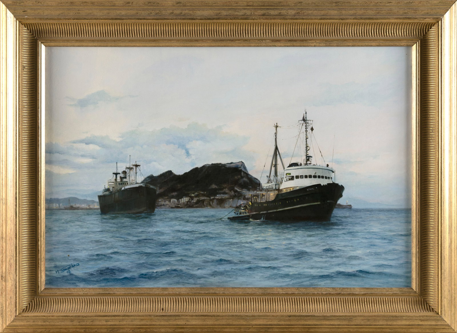 MAREK SARBA (Connecticut, 20th/21st Centuries), "Leaving Gilbraltar"., Oil on canvas, 20" x 30".: MAREK SARBAConnecticut, 20th/21st Centuries"Leaving Gilbraltar". Signed and dated lower left "M. Sarba 98". Mystic Seaport Gallery label verso.Oil on canvas, 20" x 30". Framed 27" x 37".