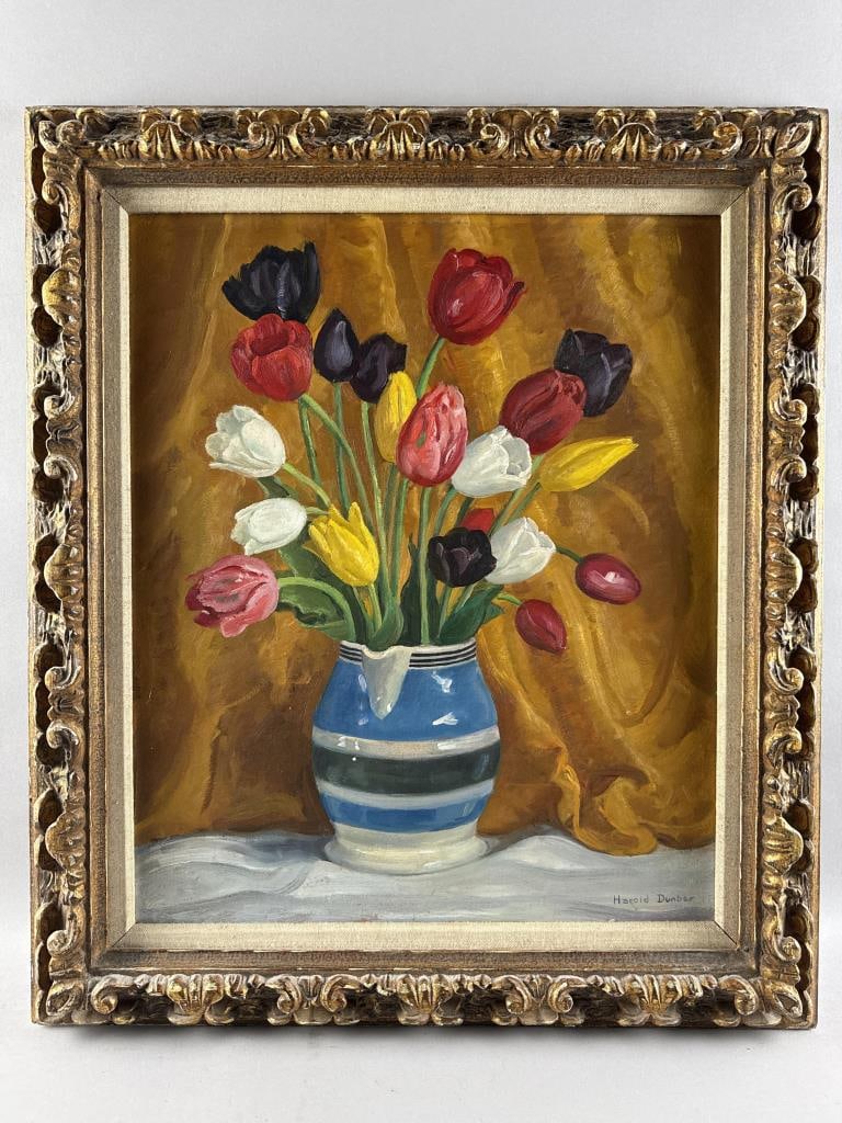 HAROLD C. DUNBAR (Massachusetts, 1882-1953), Tulips in a pitcher., Oil on board, 24" x 20". Framed: HAROLD C. DUNBARMassachusetts, 1882-1953Tulips in a pitcher. Signed lower right "Harold Dunbar".Oil on board, 24" x 20". Framed 31" x 26".