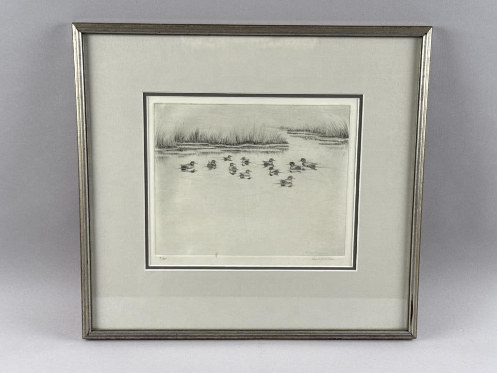 ROGER W. HEDSTROM (America, 20th Century), Waterfowl., Black and white etching on paper, 8" x 10" to: ROGER W. HEDSTROMAmerica, 20th CenturyWaterfowl. Signed lower right "Roger W. Hedstrom". Numbered 8/25.Black and white etching on paper, 8" x 10" to the plate line. Framed 16" x 18".