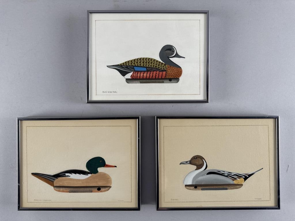 WILLIAM P. TYNER (America, 1935-1987), Three portraits of decoys., Watercolors and gouache on paper, (1 of 7)