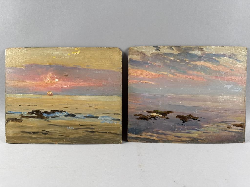 AMERICAN SCHOOL (20th Century,), Two sunset seascapes., Oils on board, 8.5" x 10.5". Unframed.: AMERICAN SCHOOL20th CenturyTwo sunset seascapes. Unsigned.Oils on board, 8.5" x 10.5". Unframed.