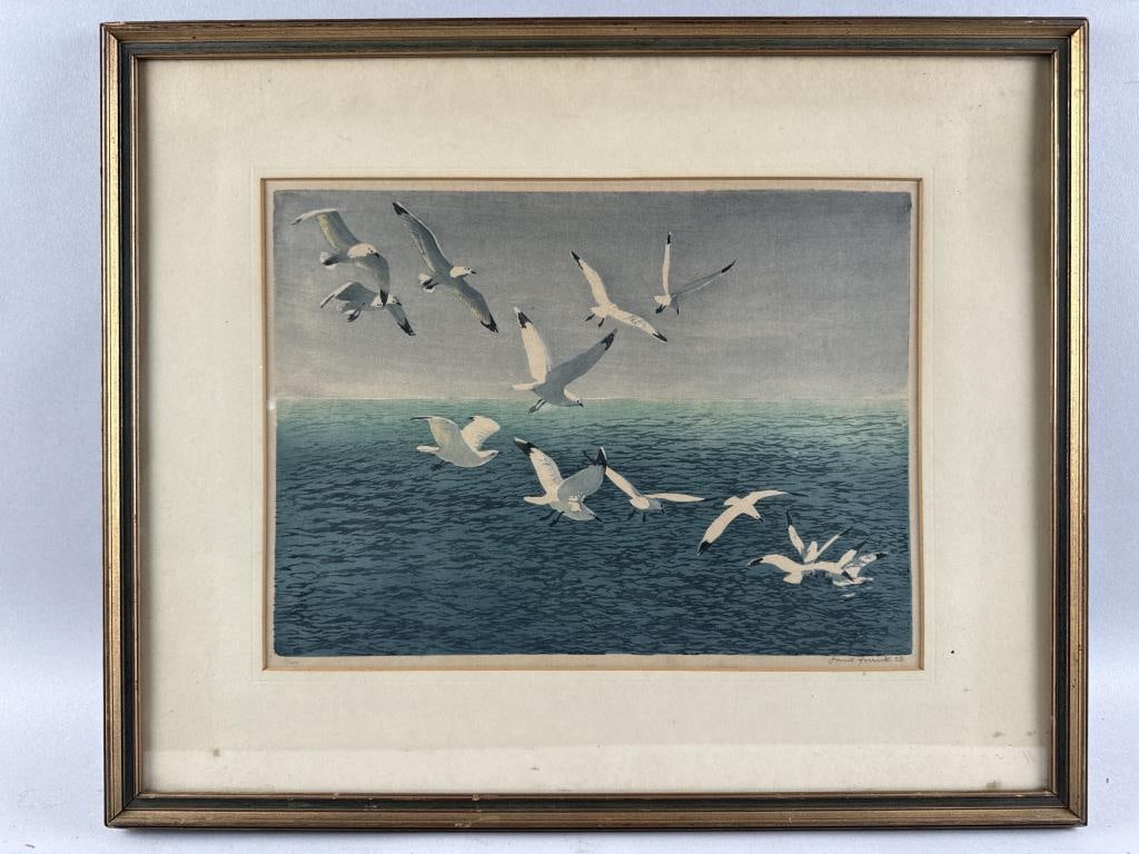 HANS FRANK (Austria, 1884-1948), Seagulls., 9.75" x 13.5". Framed 17" x 20.5".: HANS FRANKAustria, 1884-1948Seagulls. Signed and dated in pencil lower right "Hans Frank 23".9.75" x 13.5". Framed 17" x 20.5".