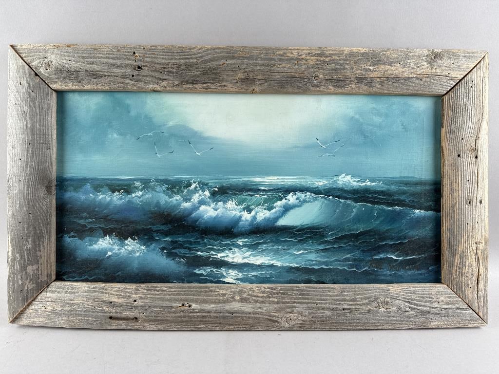 KARL NEUMANN (Germany, 1891-1985), Gulls flying above breaking waves., Oil on canvas, 12" x 24".: KARL NEUMANNGermany, 1891-1985Gulls flying above breaking waves. Signed lower right "Karl Neumann".Oil on canvas, 12" x 24". Framed 16.5" x 28.5".