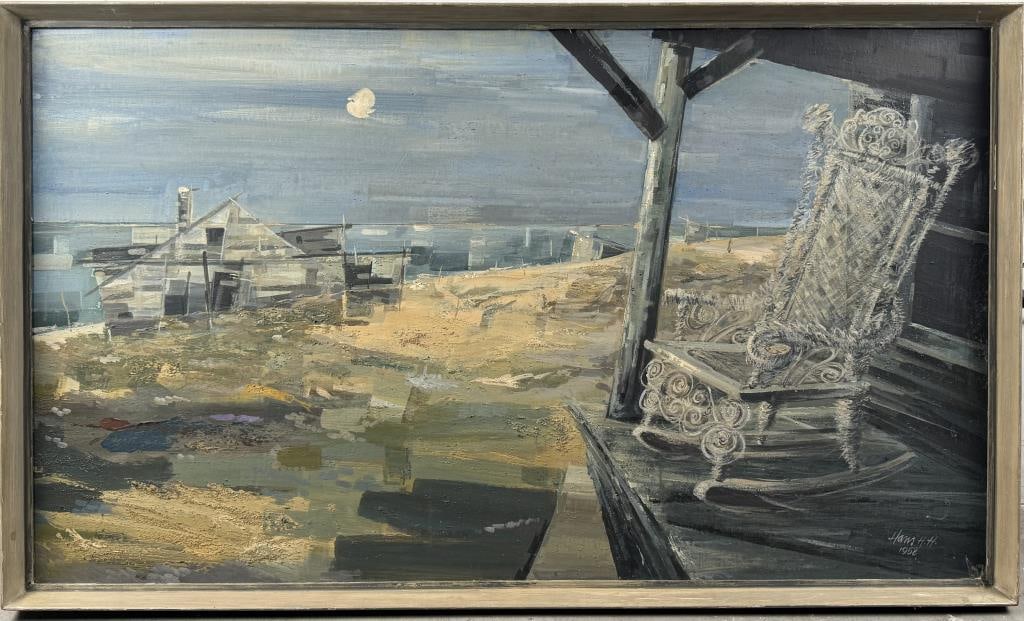 HANS HERBATSCHEK-HANSEN (Scandinavia, Mid-20th Century), "Cape Cod Evening"., Tempera on board, 28": HANS HERBATSCHEK-HANSENScandinavia, Mid-20th Century"Cape Cod Evening". Signed and dated lower right "Hans H.H. 1958". Titled verso.Tempera on board, 28" x 40". Framed 29.5" x 49.5".