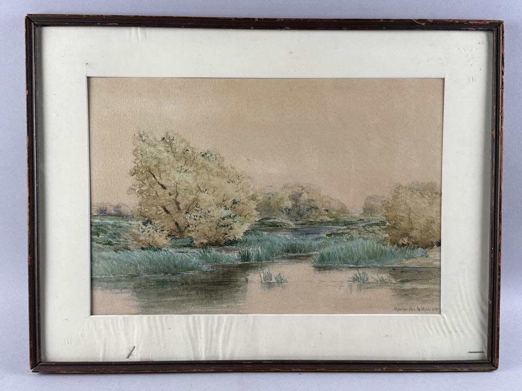 HENDRICKS A. HALLETT (Massachusetts, 1847-1921), Marsh landscape., Watercolor, 12" x 18" sight.: HENDRICKS A. HALLETTMassachusetts, 1847-1921Marsh landscape. Signed lower right "Hendricks Hallett".Watercolor, 12" x 18" sight. Framed 17.5" x 23.5".
