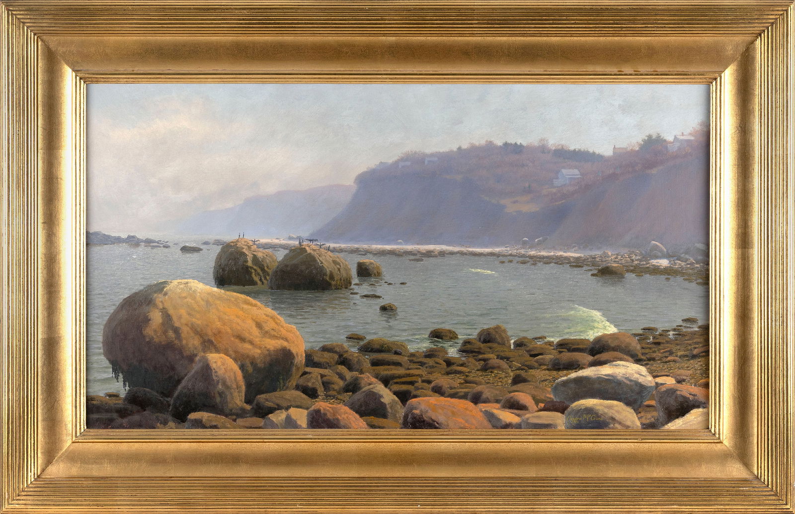 JOSEPH MCGURL (Massachusetts, 1958-), "The Cliffs at Manomet"., Oil on canvas, 20" x 36". Framed 29": JOSEPH MCGURLMassachusetts, 1958-"The Cliffs at Manomet". Signed and dated lower right "Joseph McGurl 1992". Titled verso.Oil on canvas, 20" x 36". Framed 29" x 45". Provenance:Tree's Place Gallery