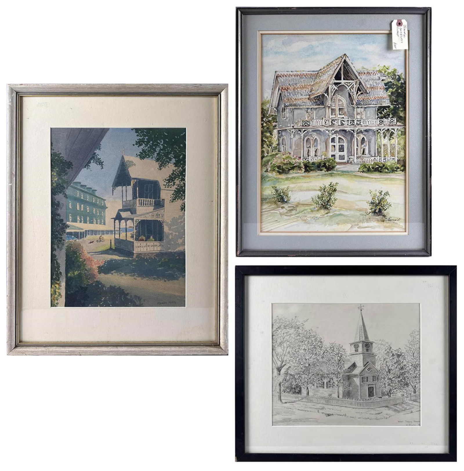 THREE WORKS PERTAINING TO MARTHA'S VINEYARD 20th Century Largest 17" x 12" sight. Framed 25" x 20".: THREE WORKS PERTAINING TO MARTHA'S VINEYARD20th Century1) "West Tisbury Church" graphite on paper by Edward Streeter. Signed and dated 1949 lower right.2) Victorian house. Signed lower right "Marvin P