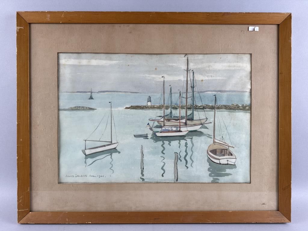 JULIUS MAXIMILIAN DELBOS (New York/New Jersey, 1879-1970), Sailboats in a harbor, possibly Martha's (1 of 3)