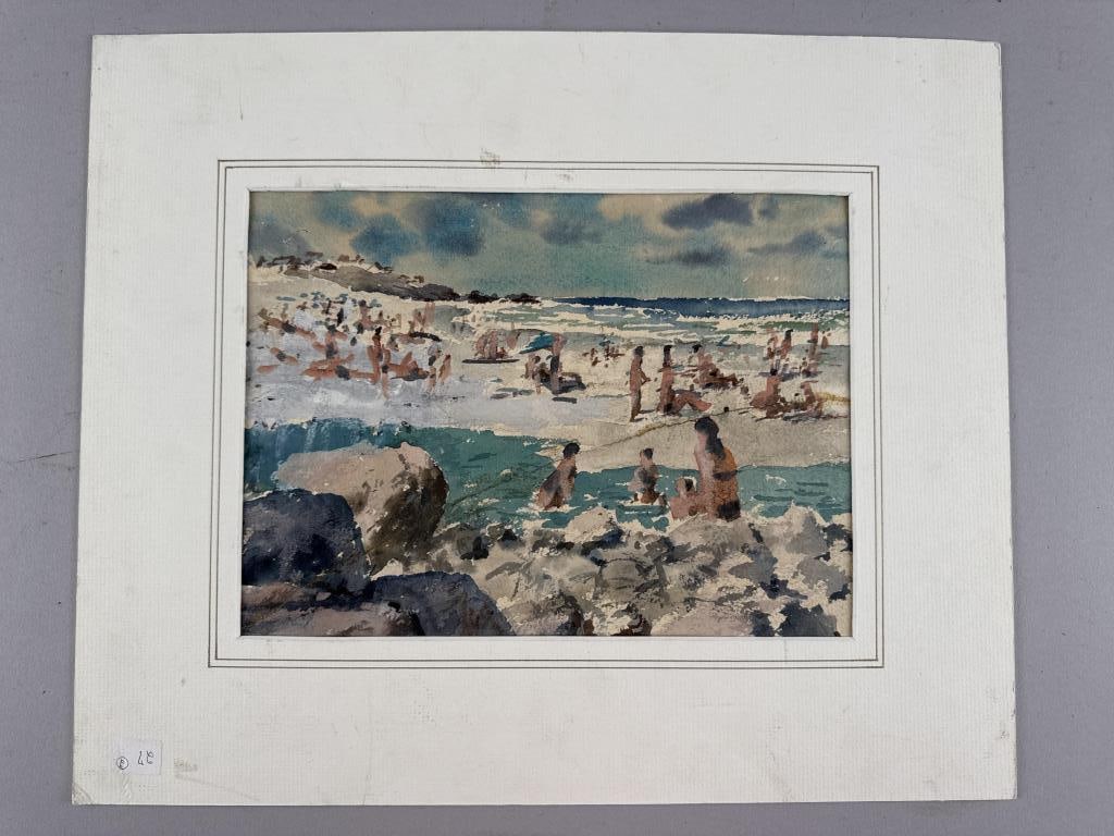 STYLE OF CHARLES WOODBURY (20th Century,), Beach scene., Watercolor on paper, 8" x 11" sight.: STYLE OF CHARLES WOODBURY20th CenturyBeach scene. Unsigned.Watercolor on paper, 8" x 11" sight. Unfamed.