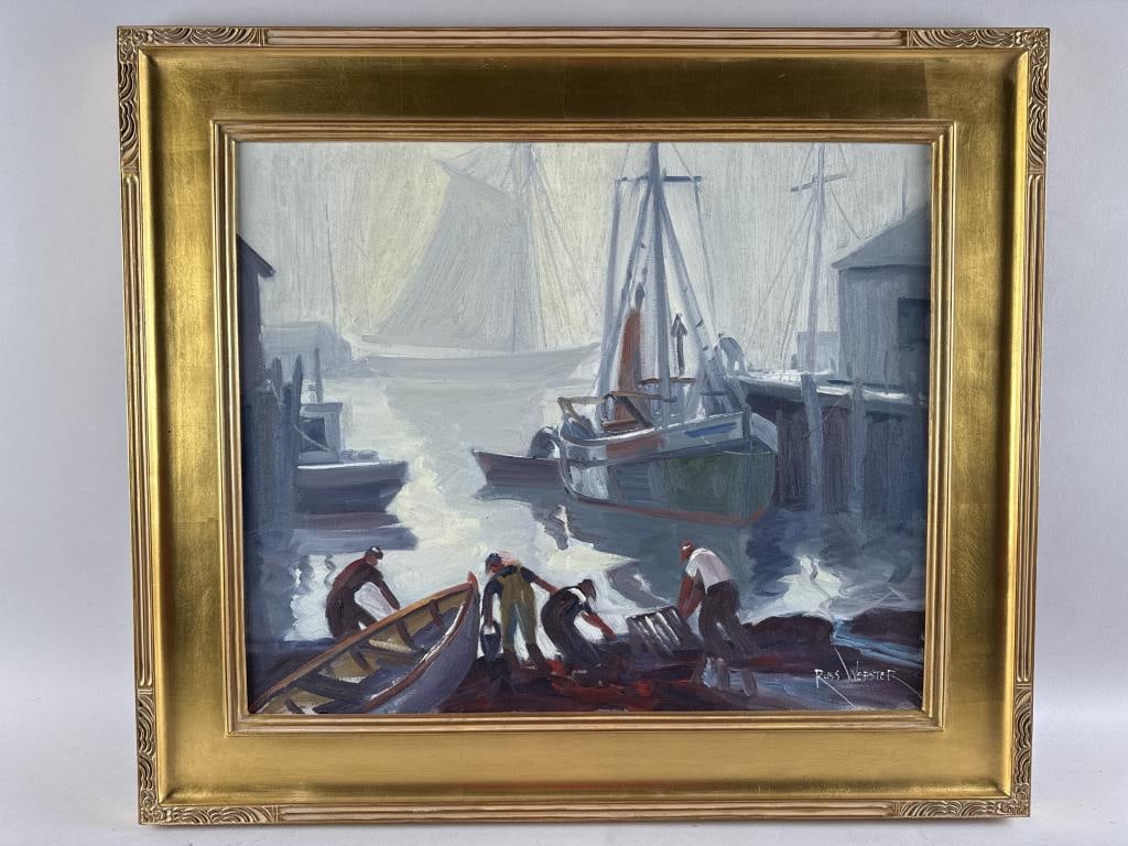 RUSS WEBSTER (Massachusetts, 1904-1984), North Shore harbor., Oil on canvas, 20" x 24". Framed 26.5": RUSS WEBSTERMassachusetts, 1904-1984North Shore harbor. Signed lower right "Russ Webster".Oil on canvas, 20" x 24". Framed 26.5" x 30.5".